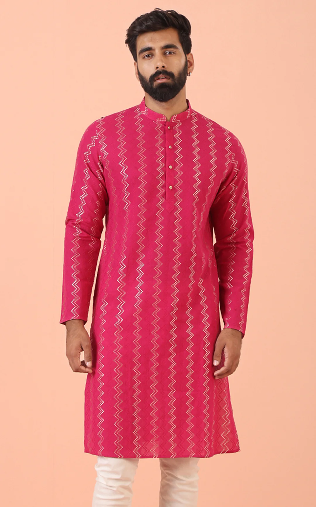 Pink Silk Blend Kurta with Metallic Jacquard Weave and Mandarin Collar