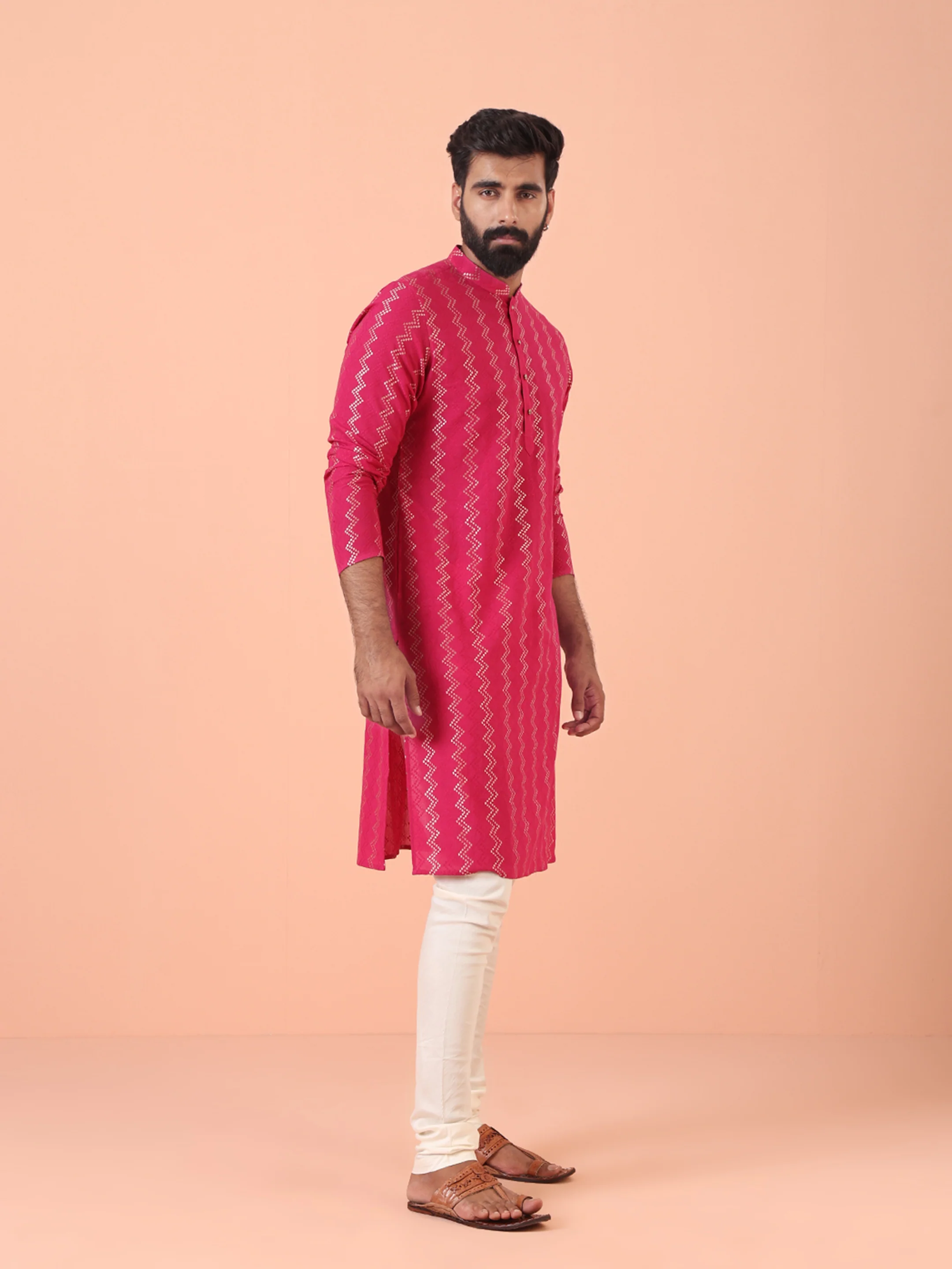 Pink Silk Blend Kurta with Metallic Jacquard Weave and Mandarin Collar - Image 2