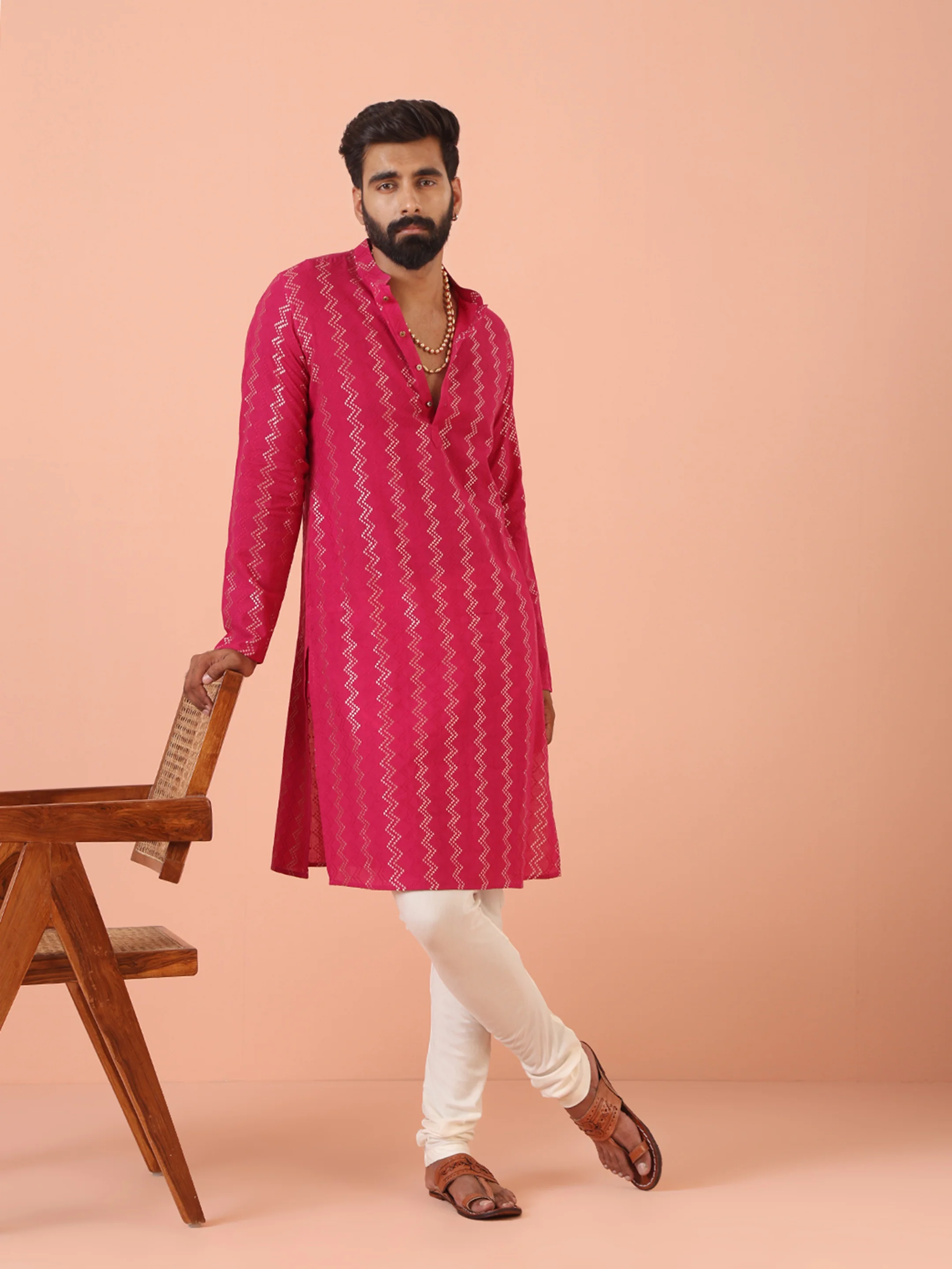 Pink Silk Blend Kurta with Metallic Jacquard Weave and Mandarin Collar - Image 6