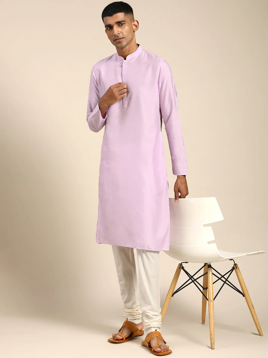 Men Lavender Solid Dyed Kurta - Image 6