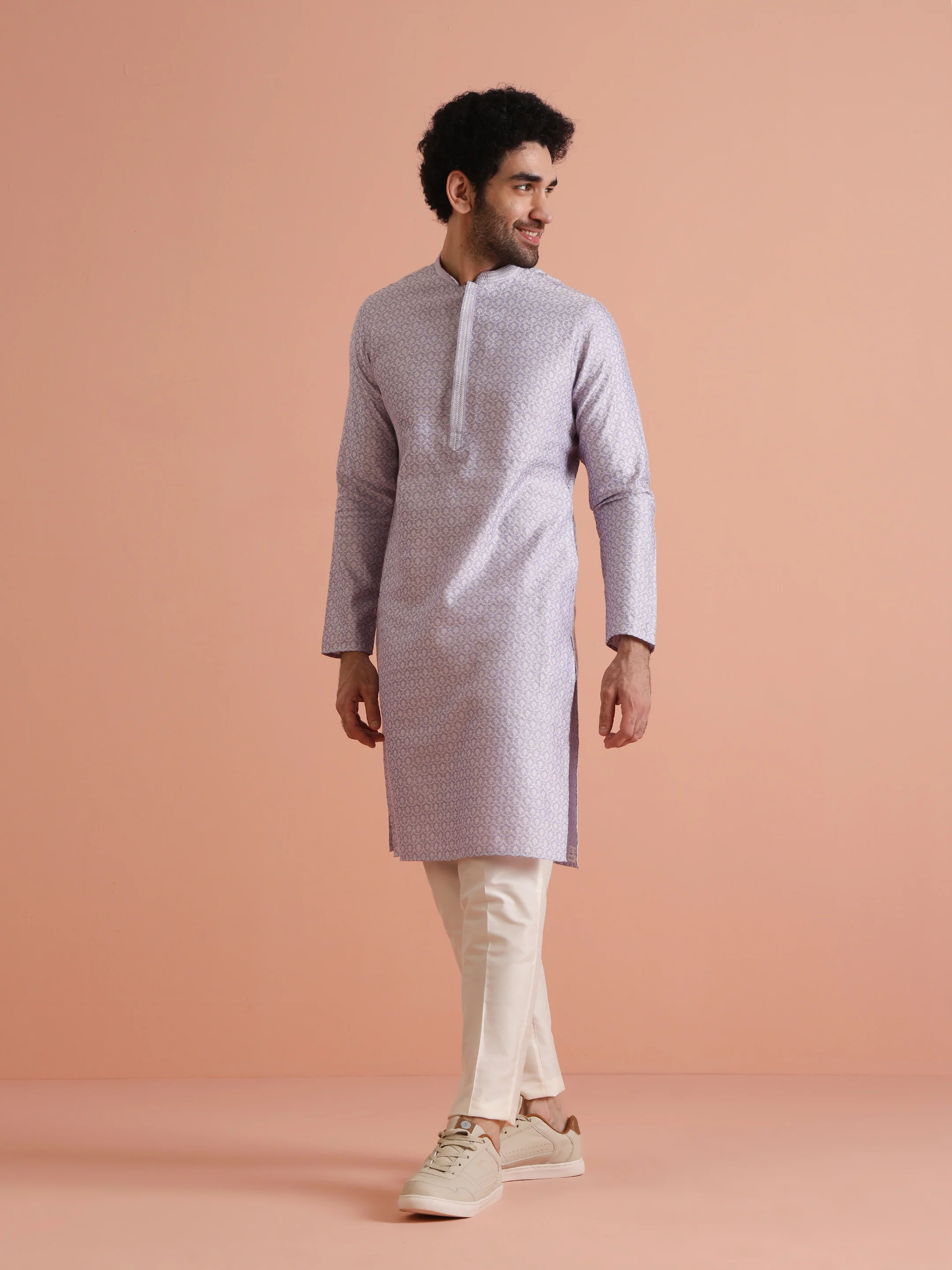 Lilac Jacquard Kurta with Cream Trouser Set