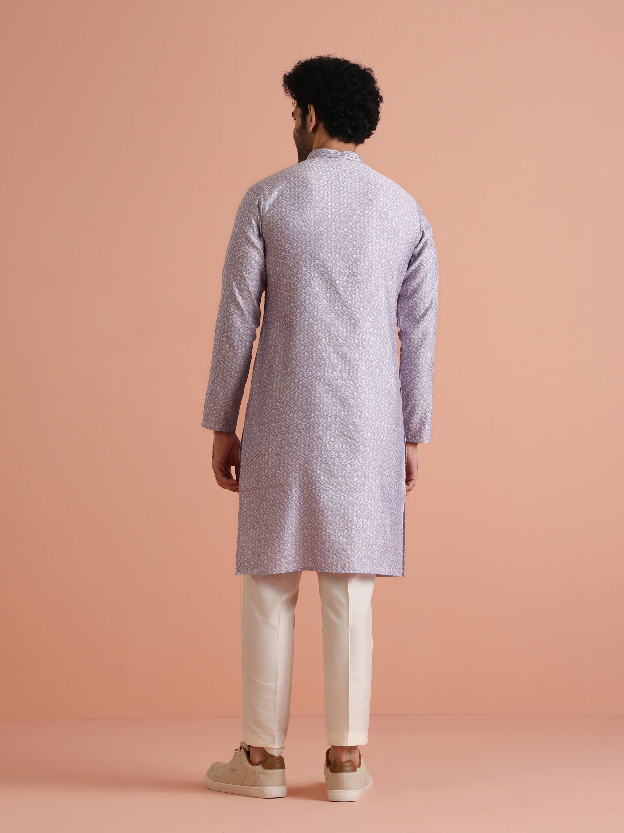 Lilac Jacquard Kurta with Cream Trouser Set - Image 4