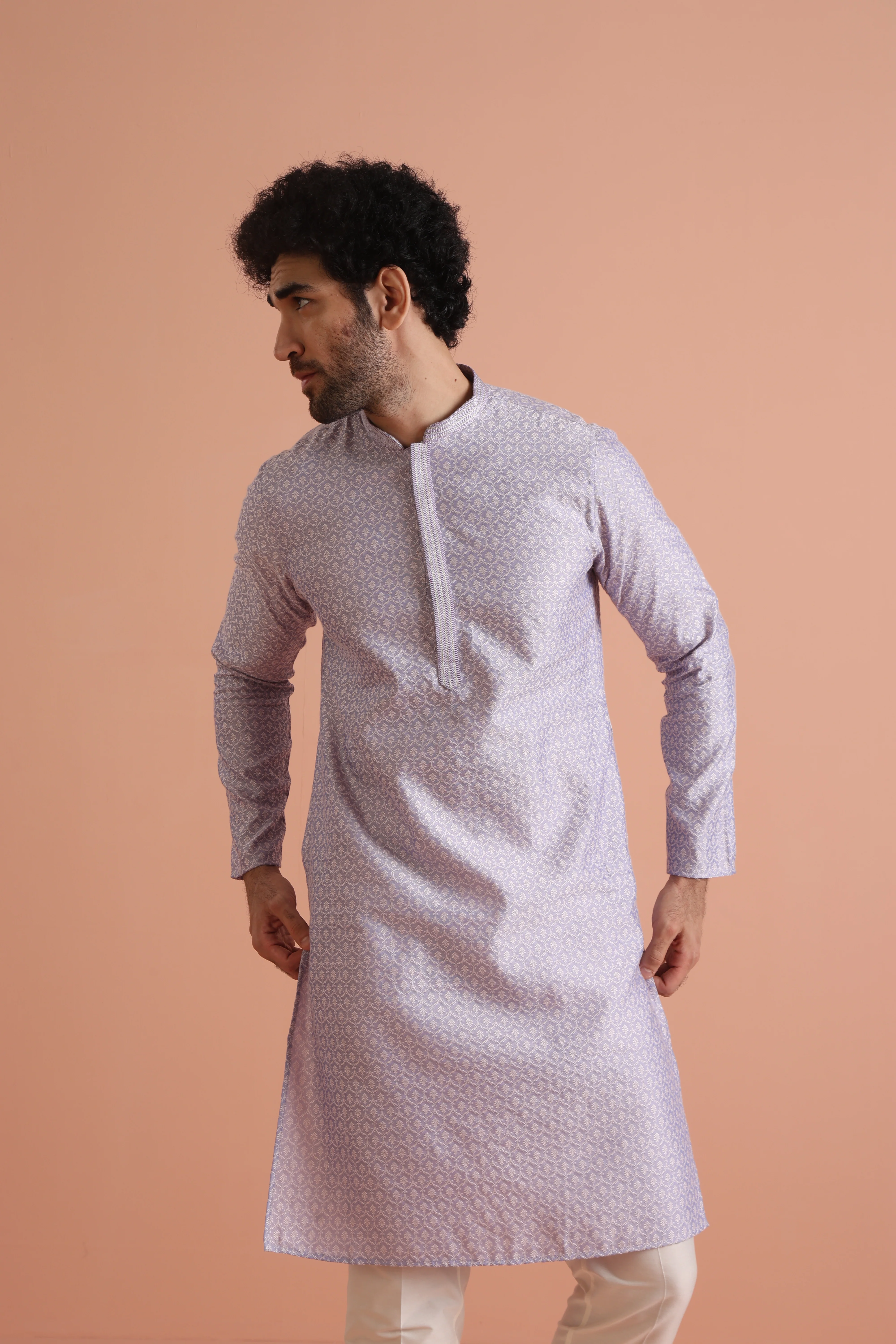Lilac Jacquard Kurta with Cream Trouser Set - Image 7