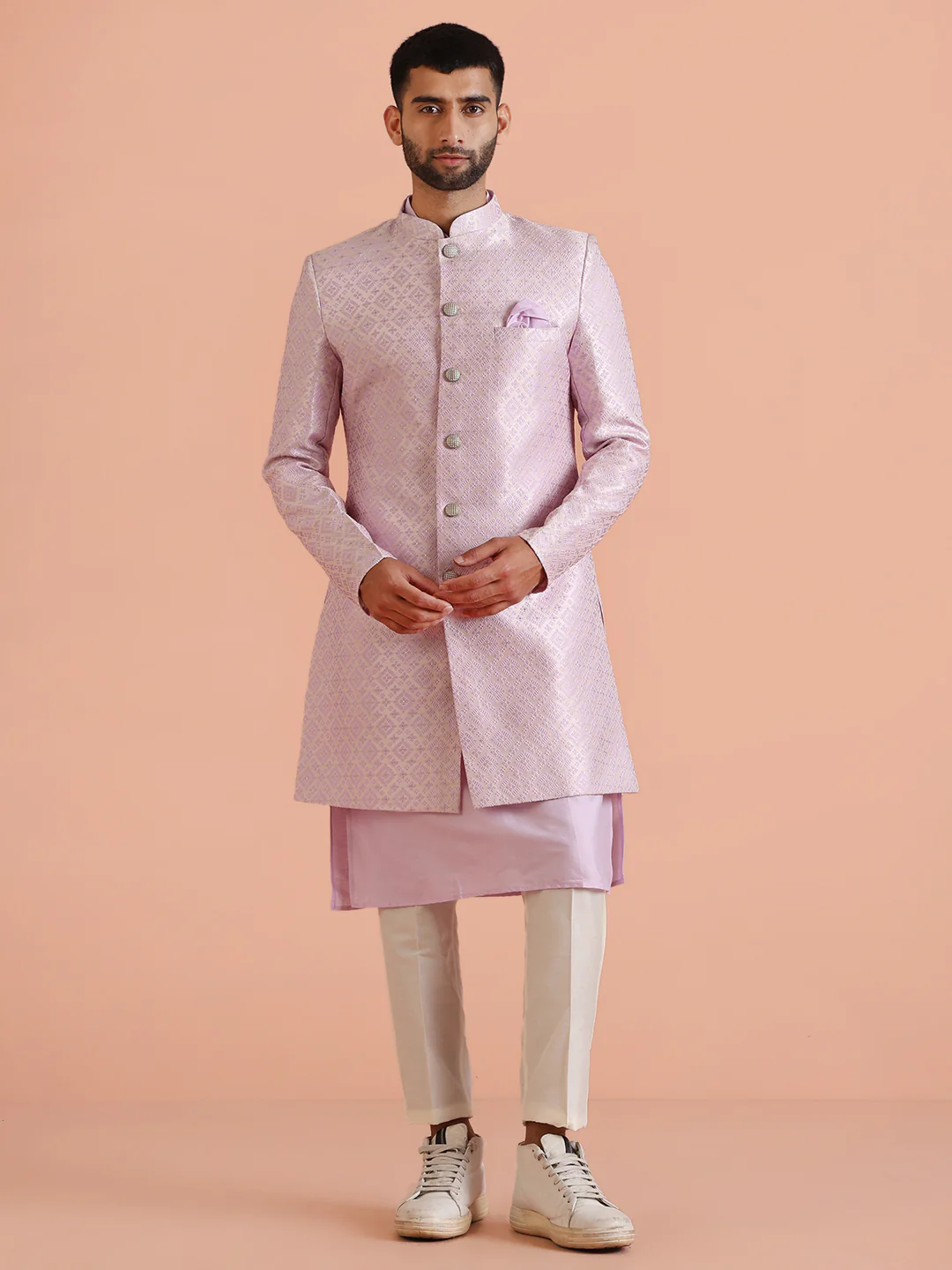 Lilac Cotton Silk Printed Sherwani Kurta Trouser Set