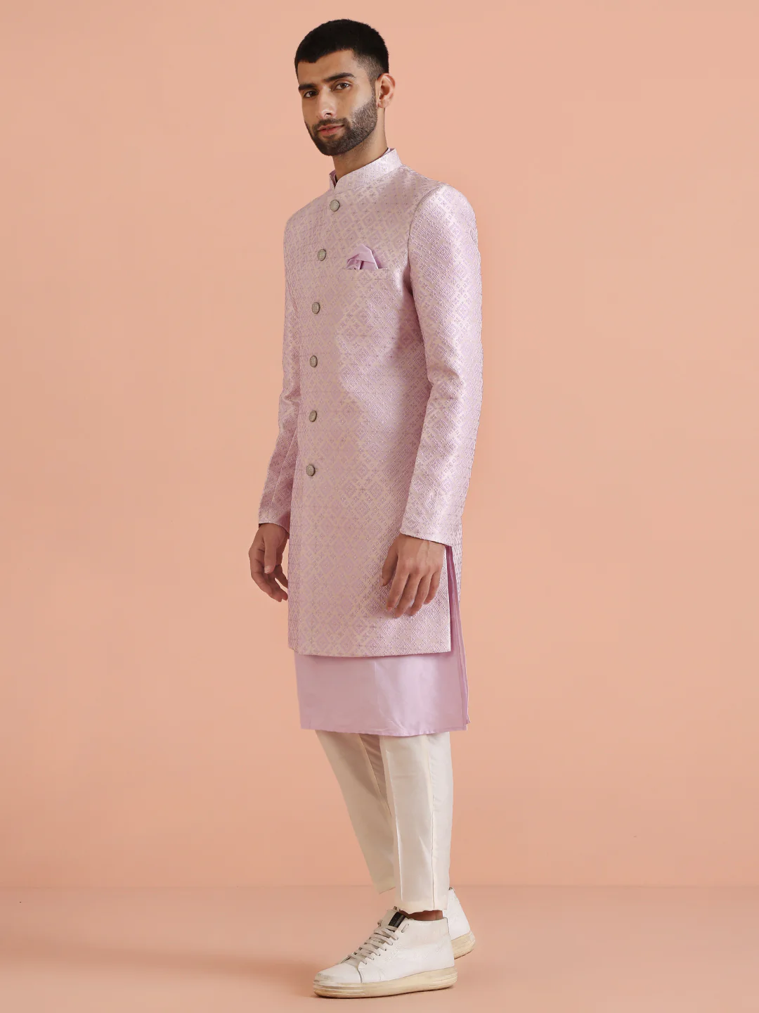 Lilac Cotton Silk Printed Sherwani Kurta Trouser Set - Image 2