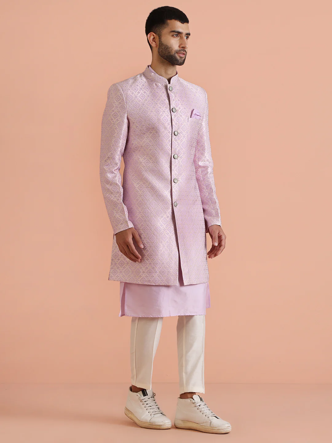 Lilac Cotton Silk Printed Sherwani Kurta Trouser Set - Image 3