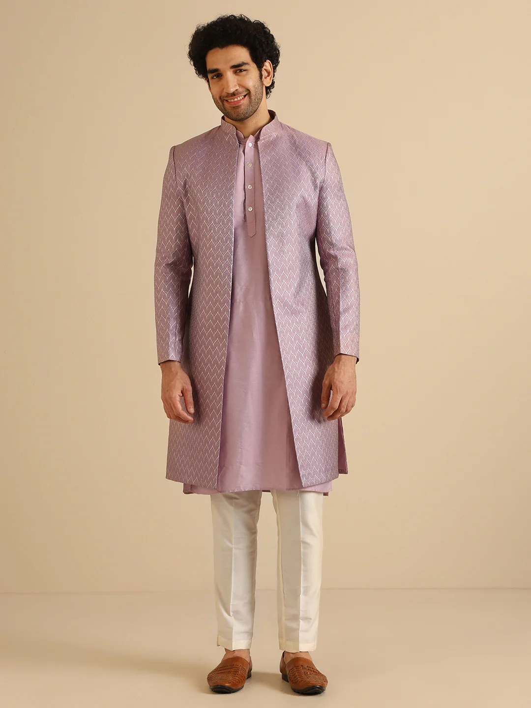 Men Lilac Textured Open Kurta Indowestern Trouser Set