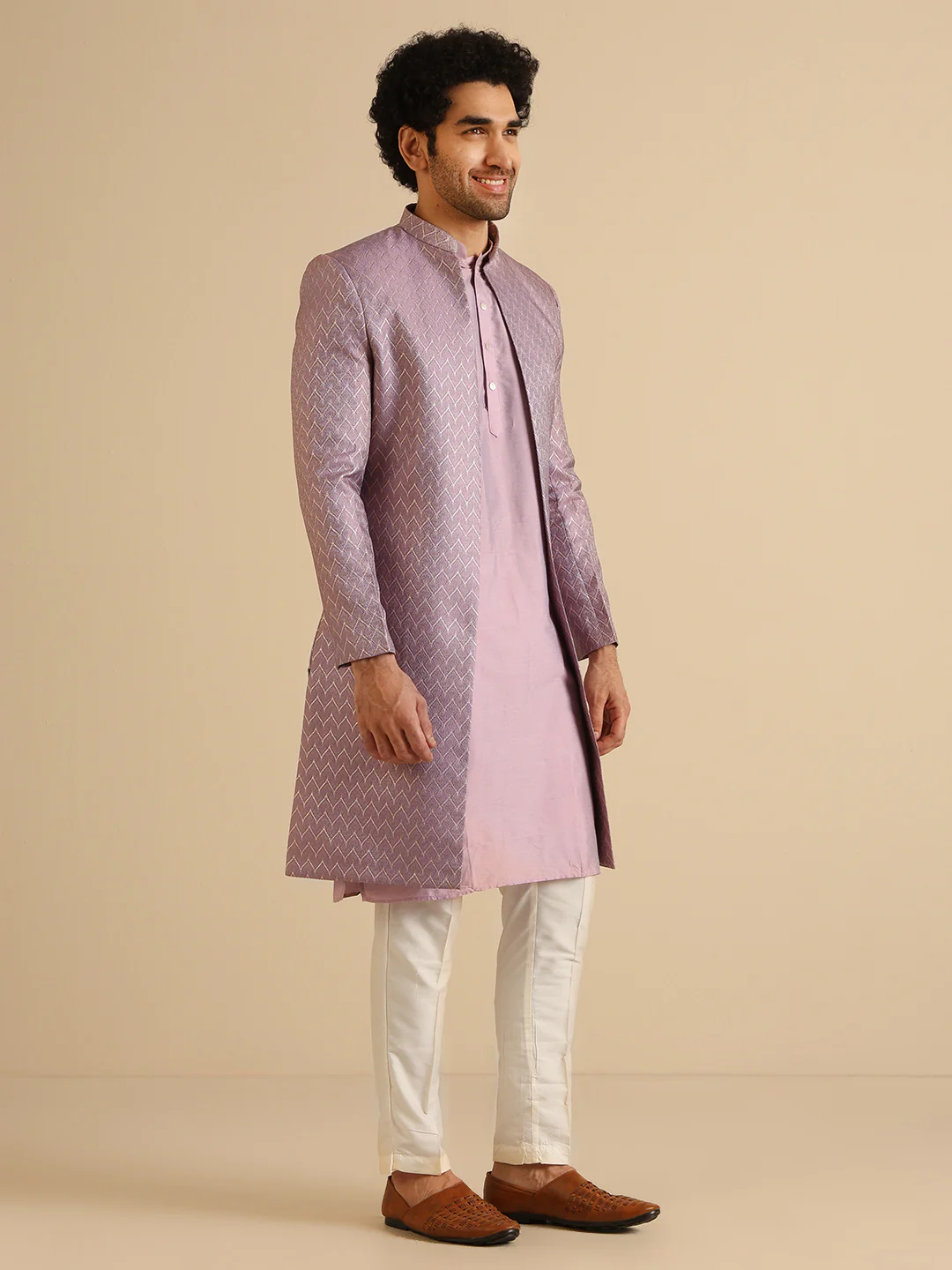 Men Lilac Textured Open Kurta Indowestern Trouser Set - Image 3