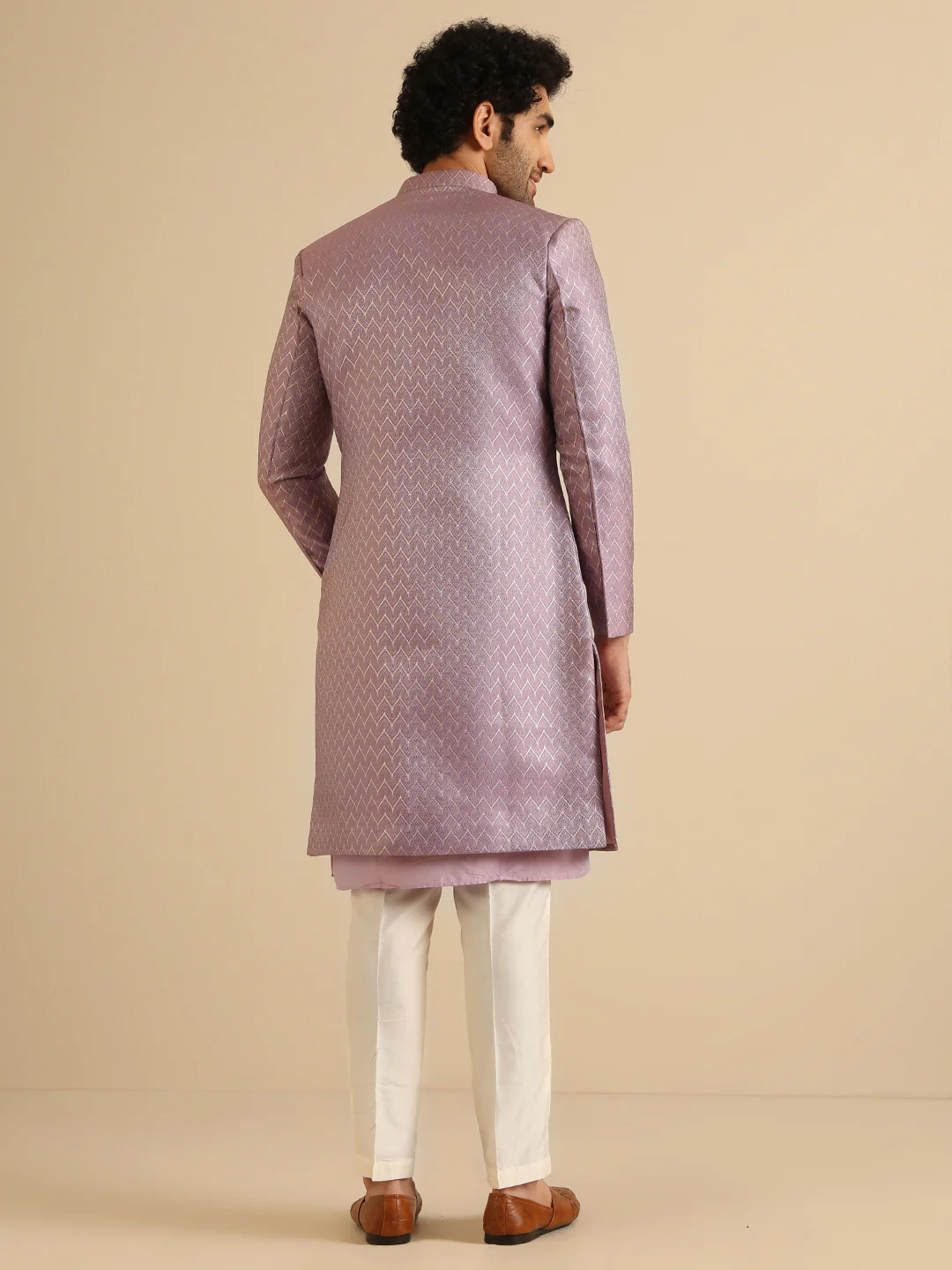 Men Lilac Textured Open Kurta Indowestern Trouser Set - Image 4