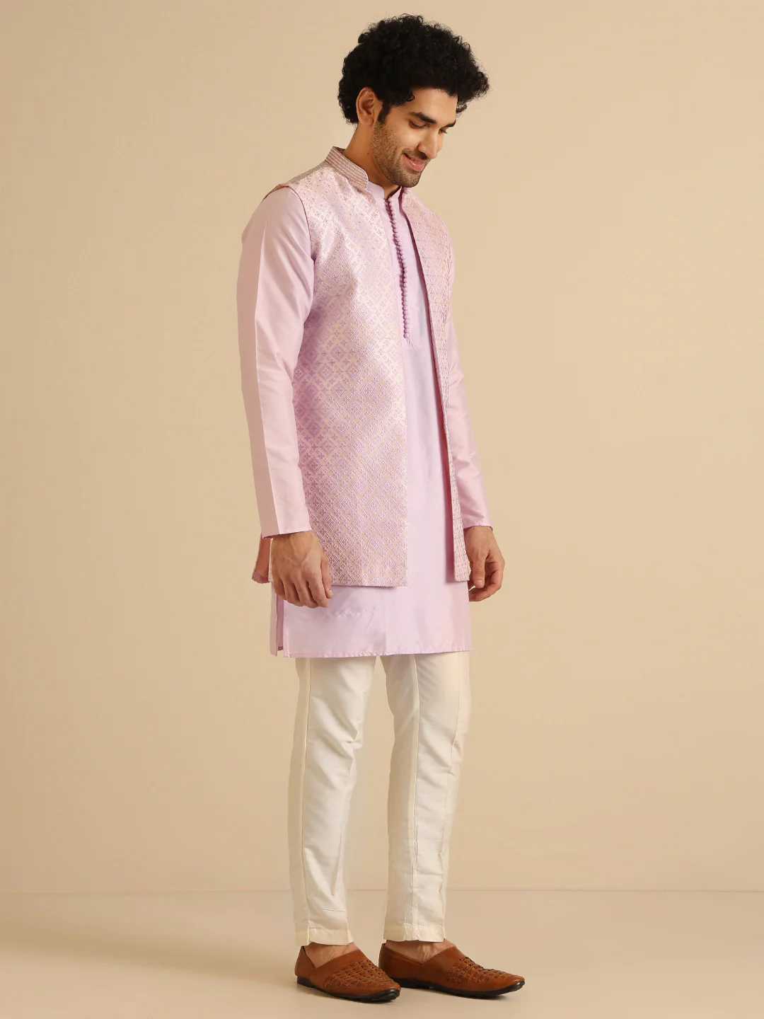 Lilac Silk Blend Textured Jacket Kurta Trouser Set - Image 3