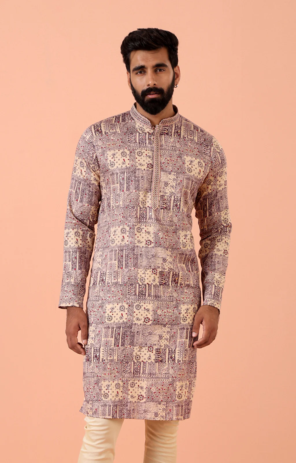 Mauve Kurta with All-Over Geometric Print and Mandarin Collar