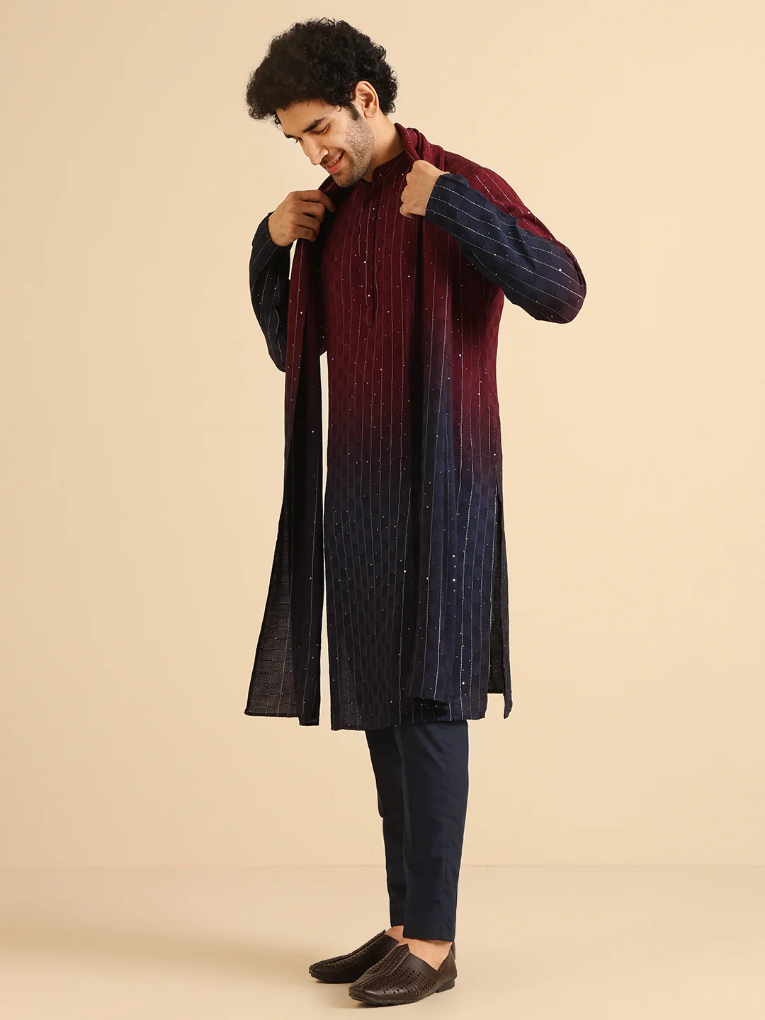 Maroon Navy Ombre Silk Kurta Trouser Dupatta - Image 3
