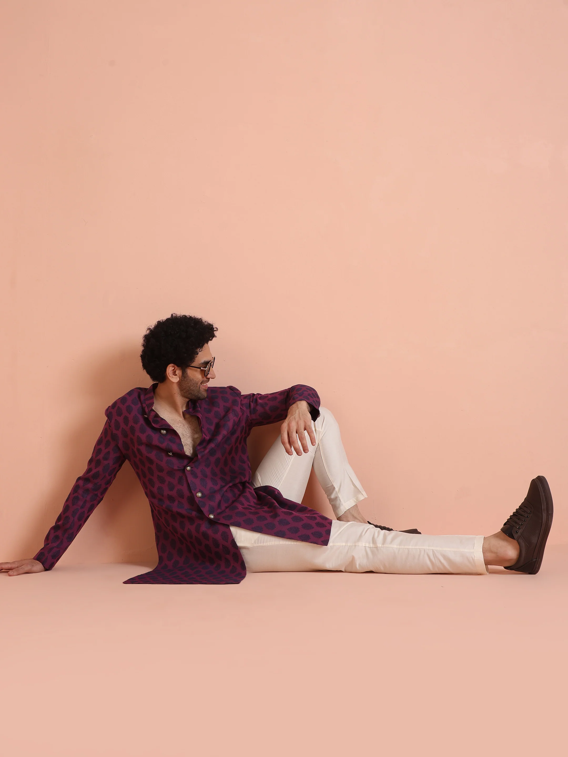 Wine Printed Sherwani Trouser Set