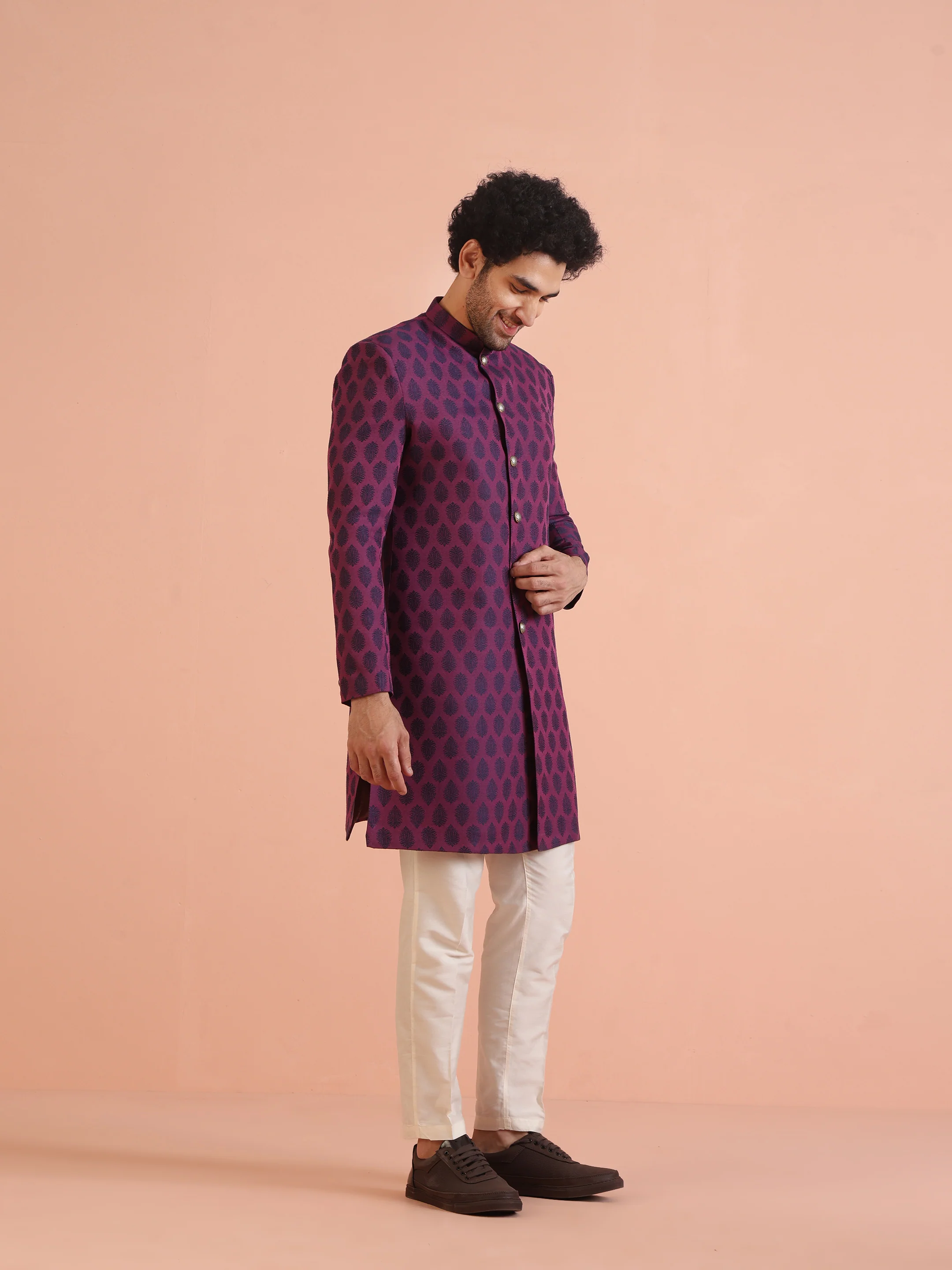 Wine Printed Sherwani Trouser Set - Image 2