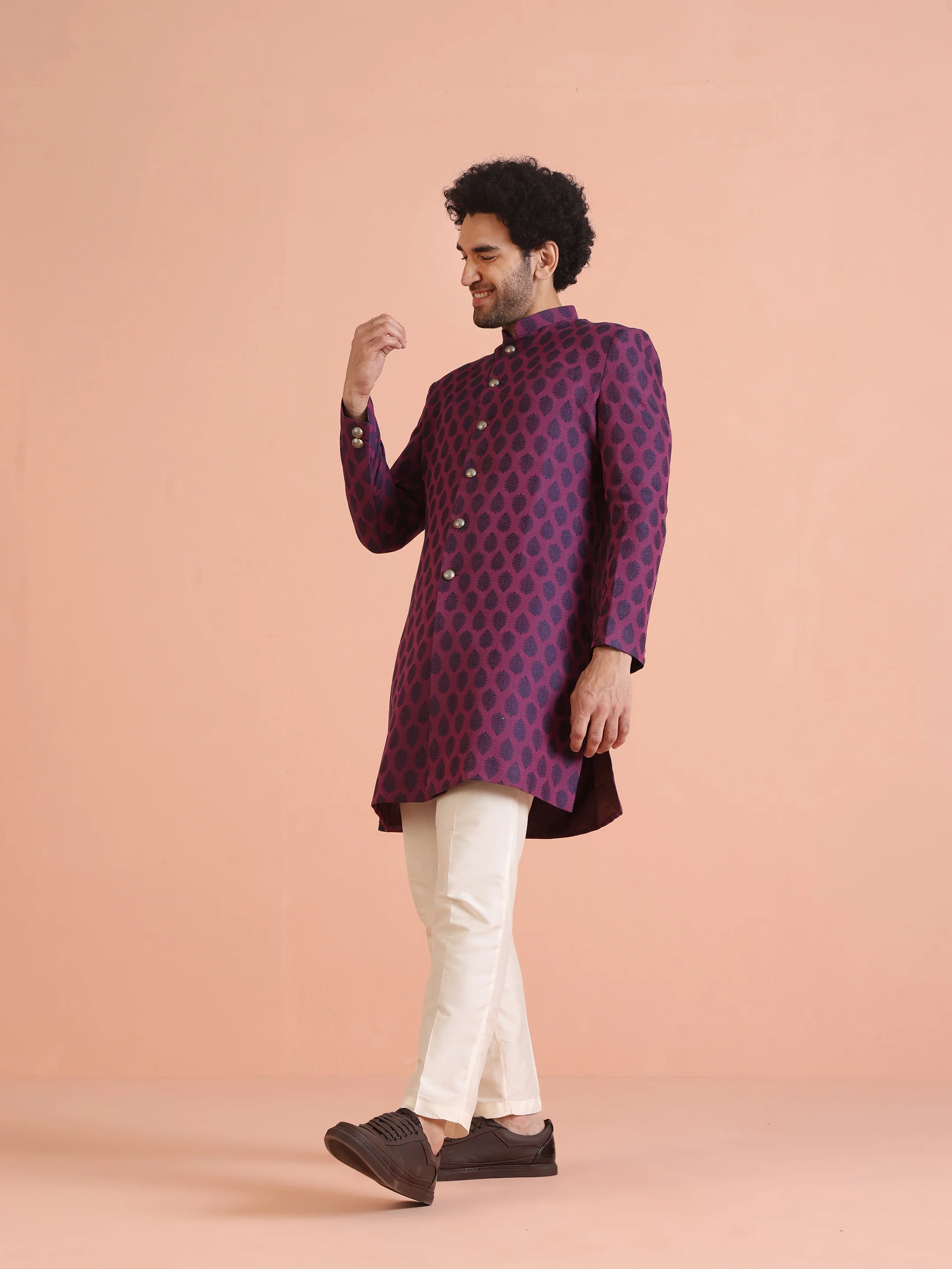 Wine Printed Sherwani Trouser Set - Image 3