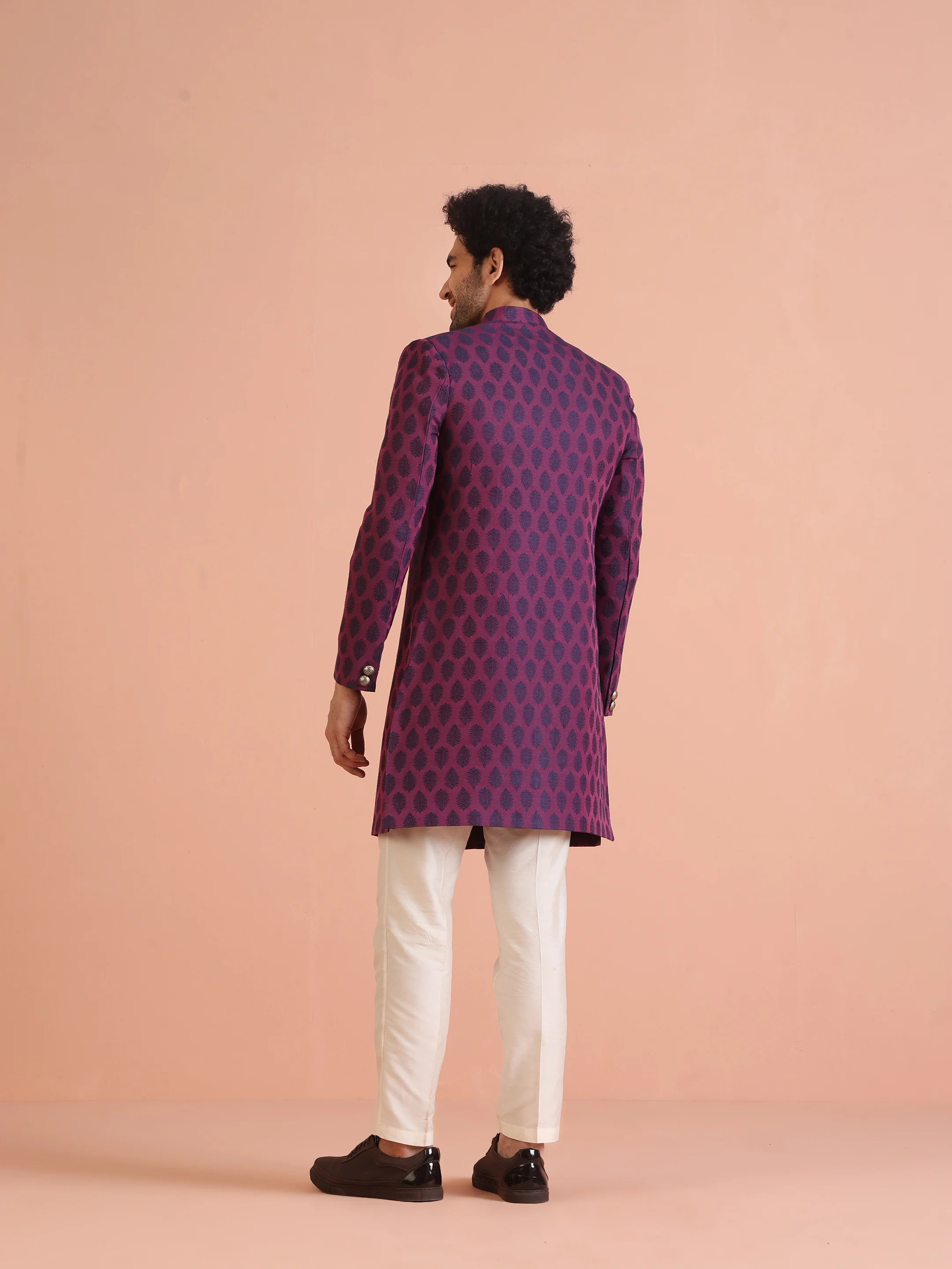 Wine Printed Sherwani Trouser Set - Image 4