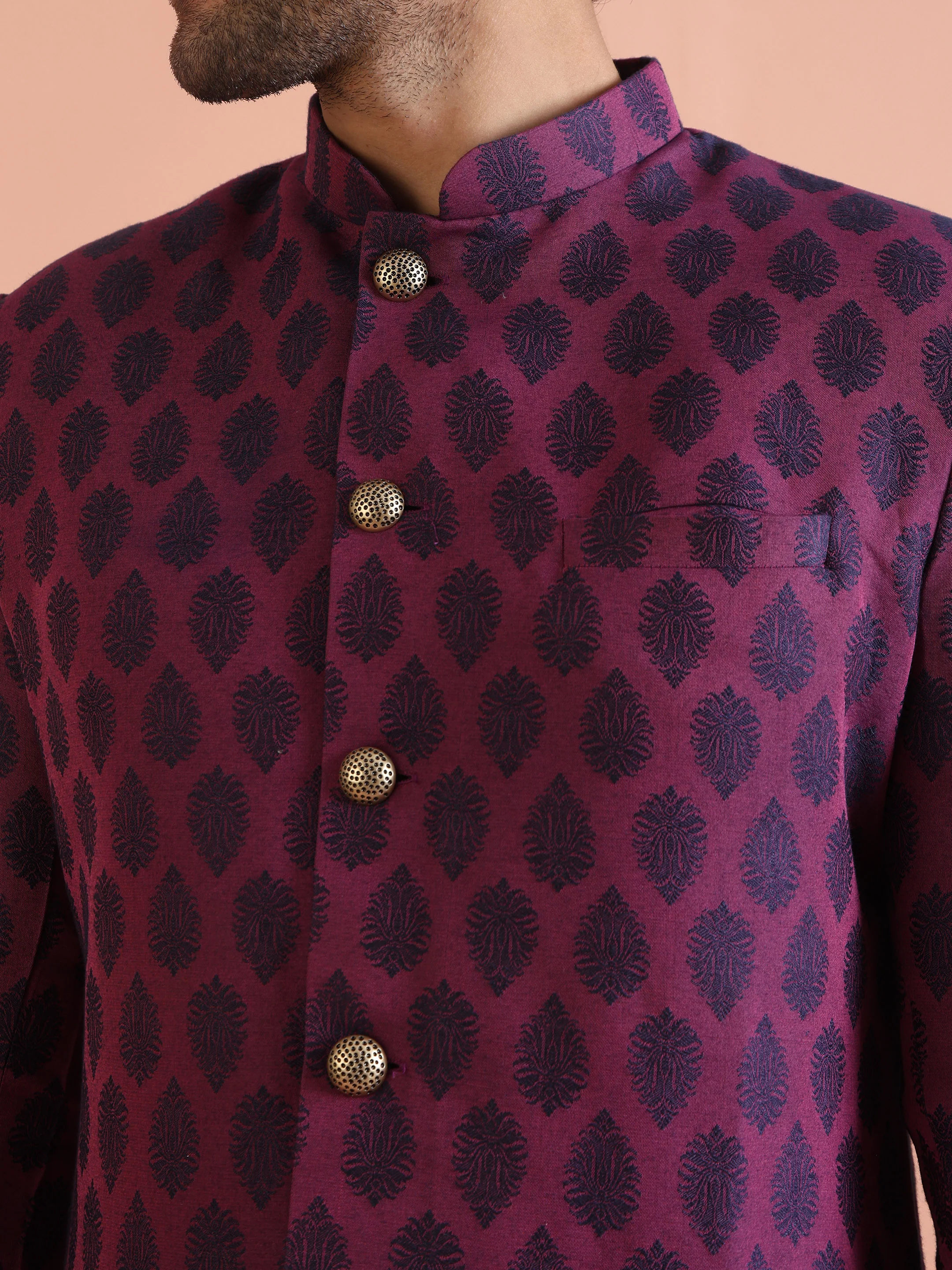 Wine Printed Sherwani Trouser Set - Image 5