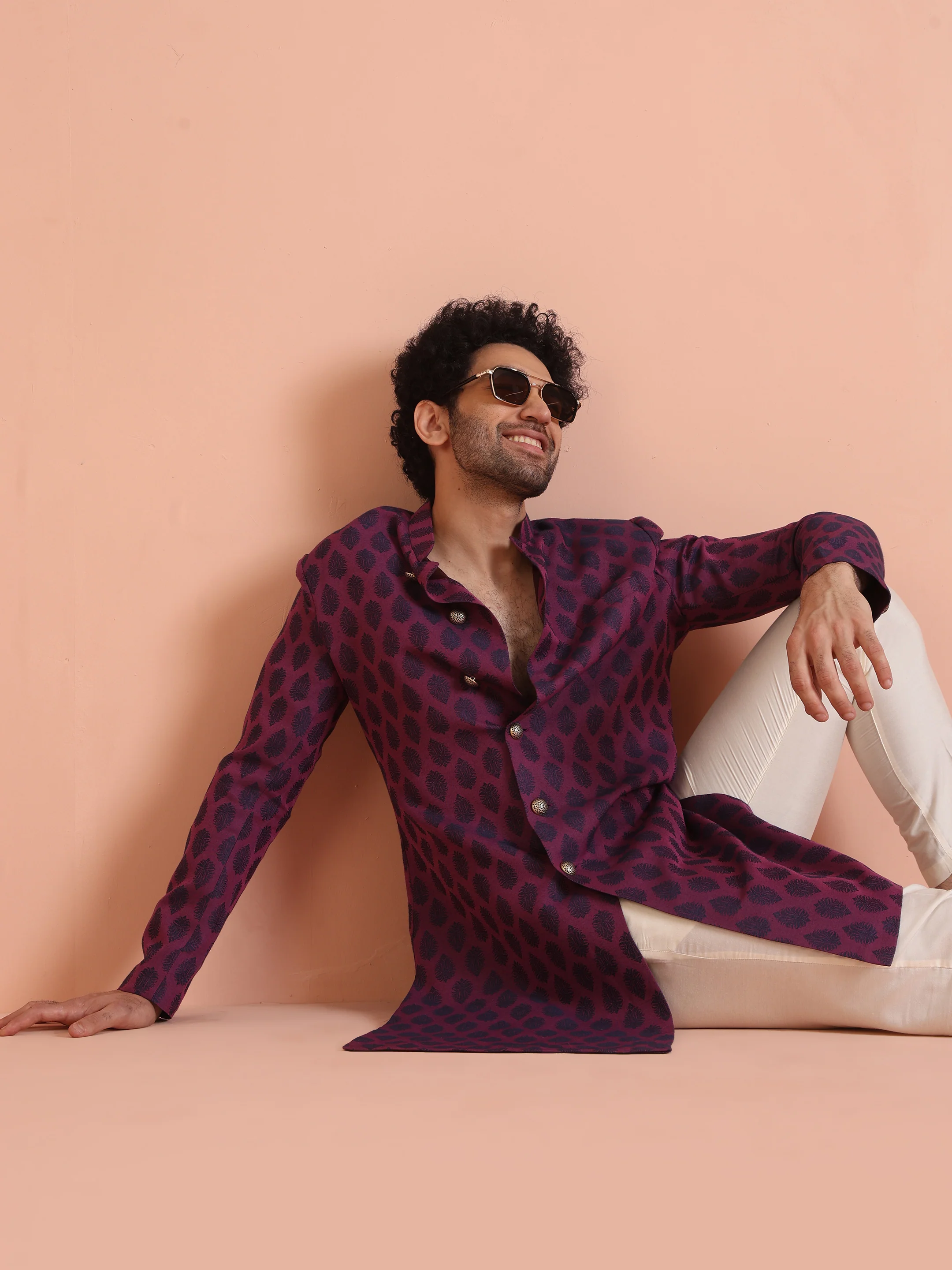Wine Printed Sherwani Trouser Set - Image 7