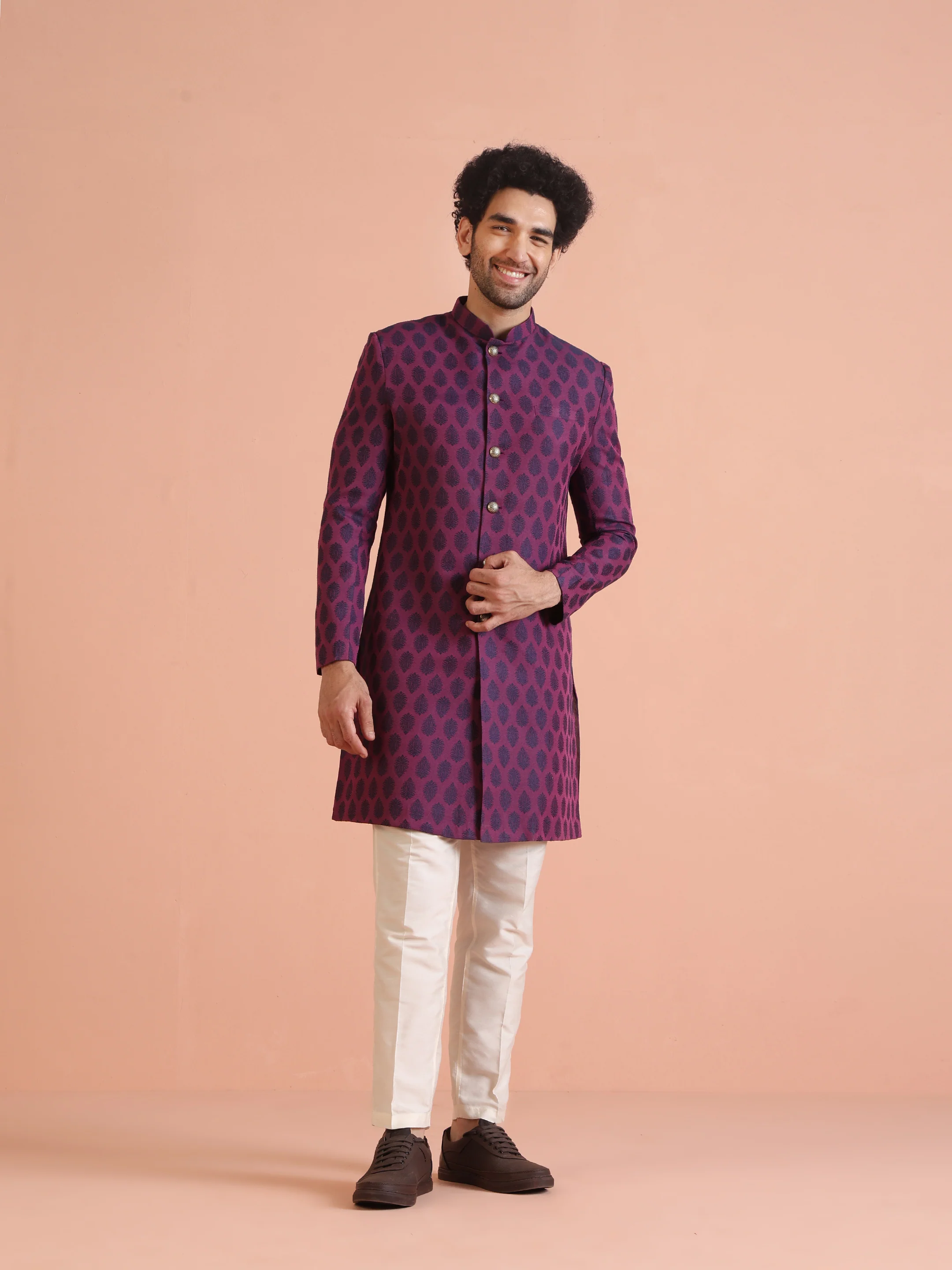 Wine Printed Sherwani Trouser Set - Image 8