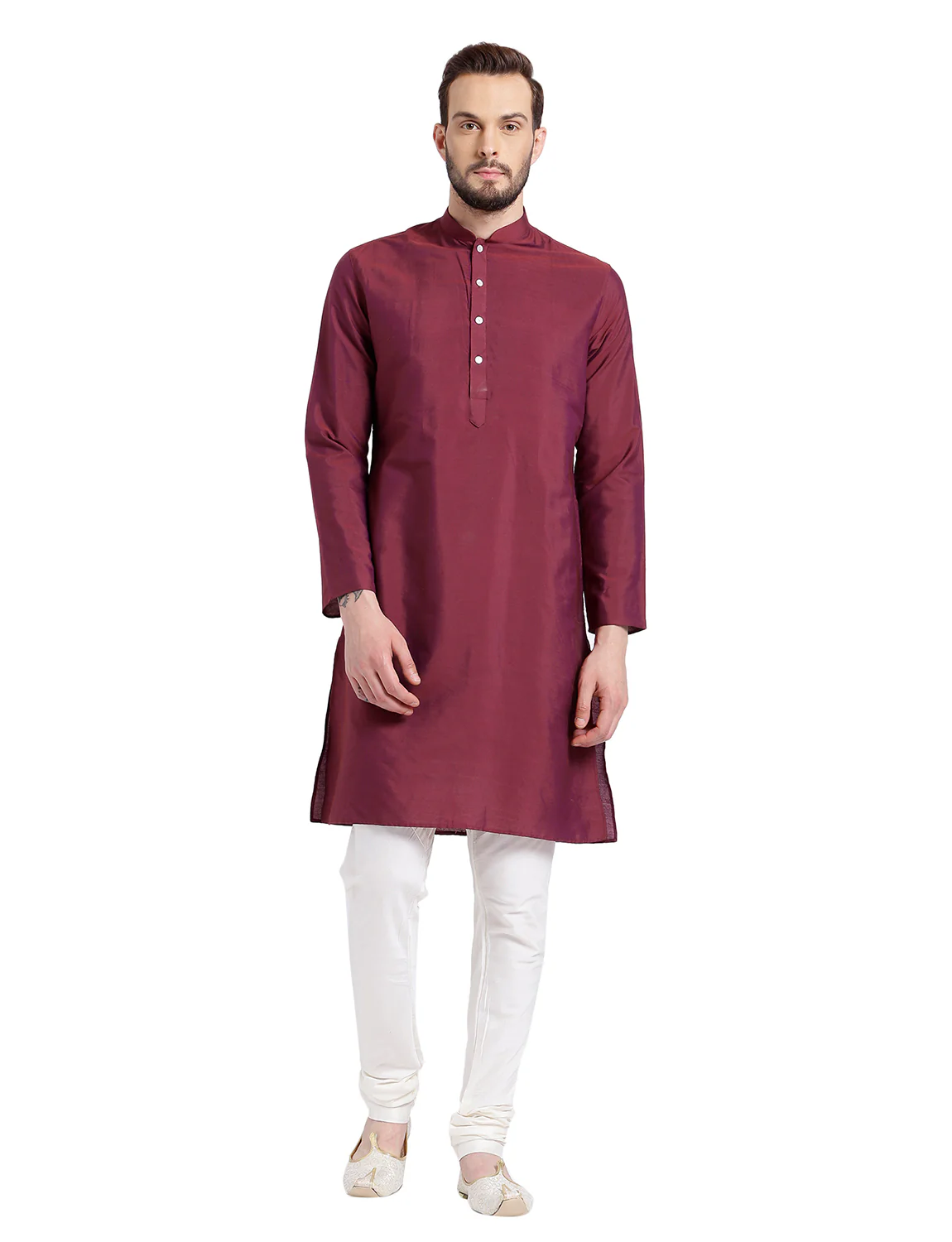 Maroon Cotton Silk Solid Kurta Churidar Set