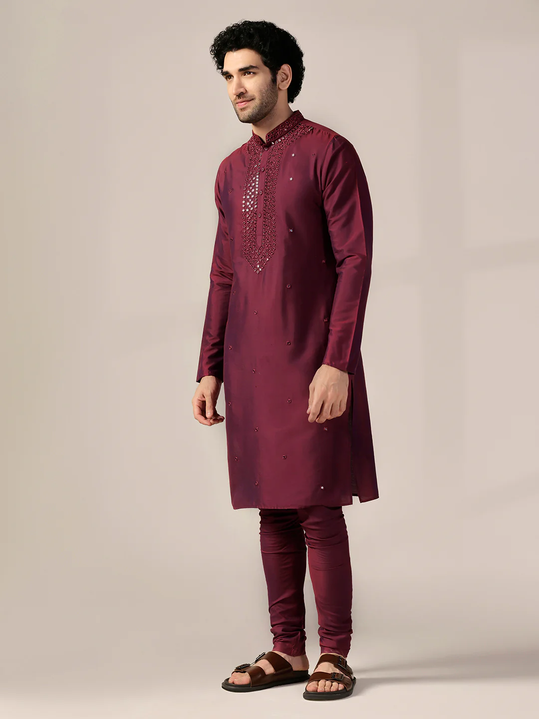 Wine Embroidered Kurta Set - Image 3