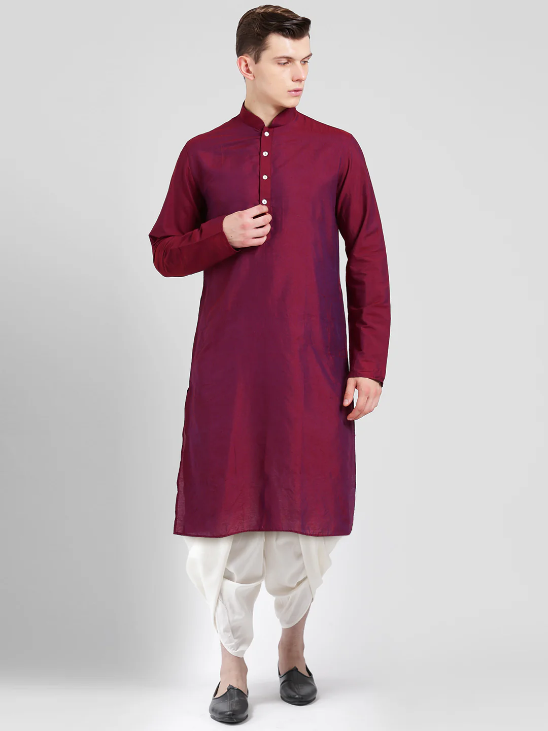 Magenta Cotton Silk Kurta Dhoti Set – Solid Ethnic Outfit – Traditional Festive Wear