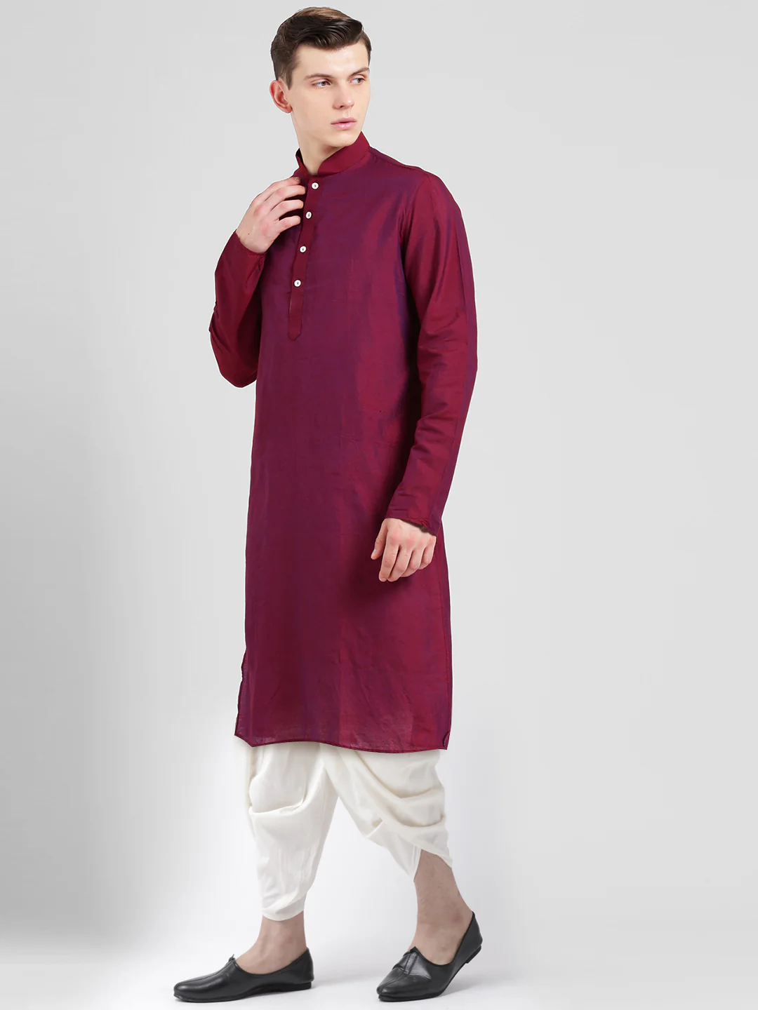 Magenta Cotton Silk Kurta Dhoti Set – Solid Ethnic Outfit – Traditional Festive Wear - Image 3
