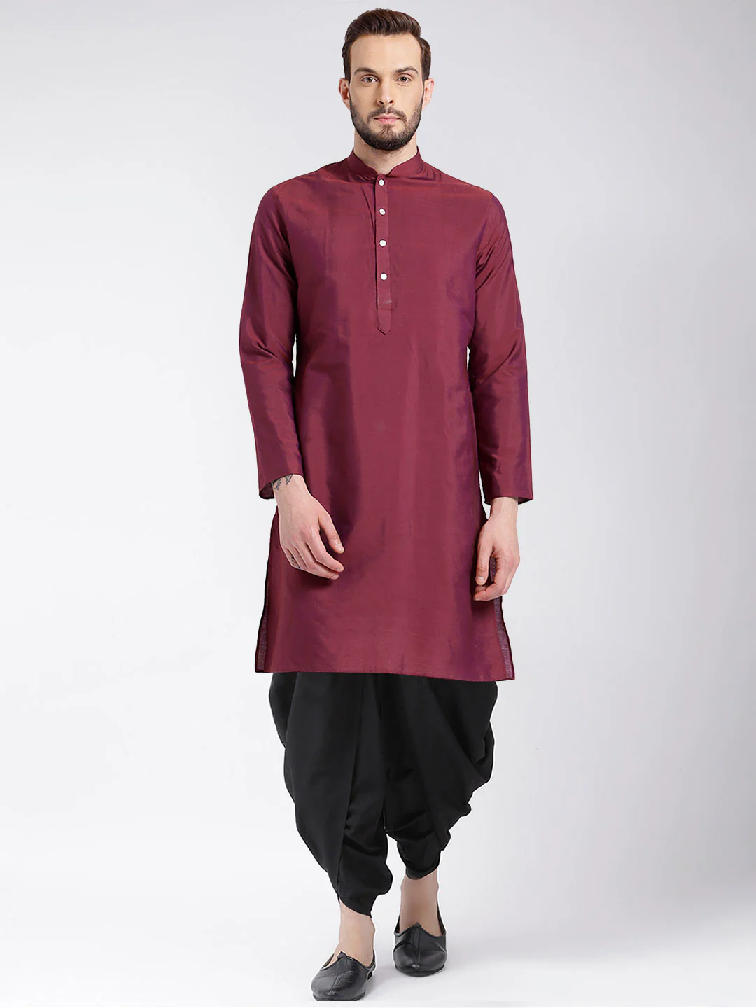 Wine Cotton Silk Solid Kurta Dhoti Set