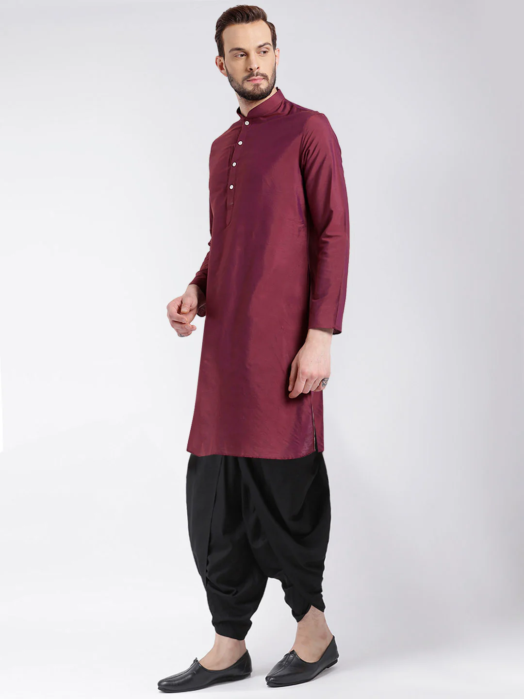 Wine Cotton Silk Solid Kurta Dhoti Set - Image 2