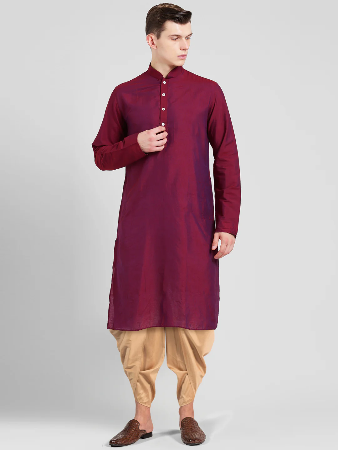 Maroon Silk Blend Solid Kurta Beige Dhoti