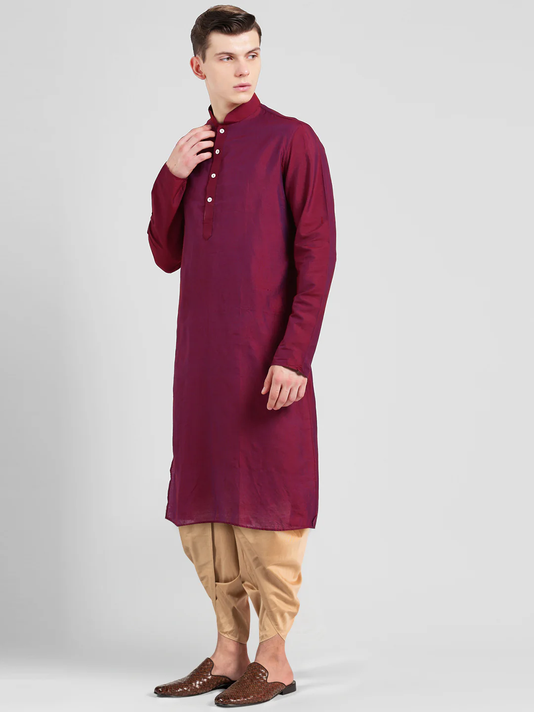 Maroon Silk Blend Solid Kurta Beige Dhoti - Image 3