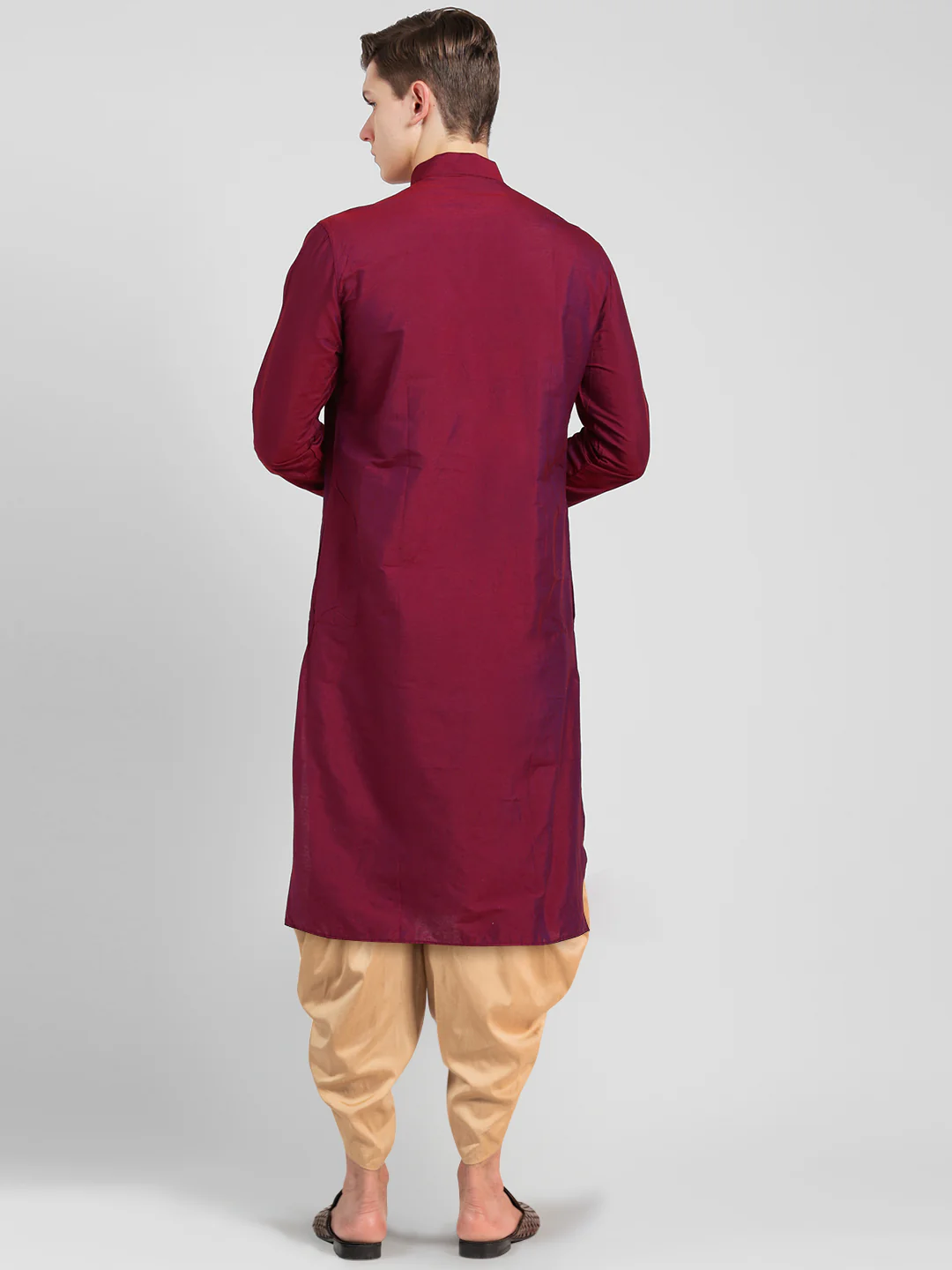 Maroon Silk Blend Solid Kurta Beige Dhoti - Image 4