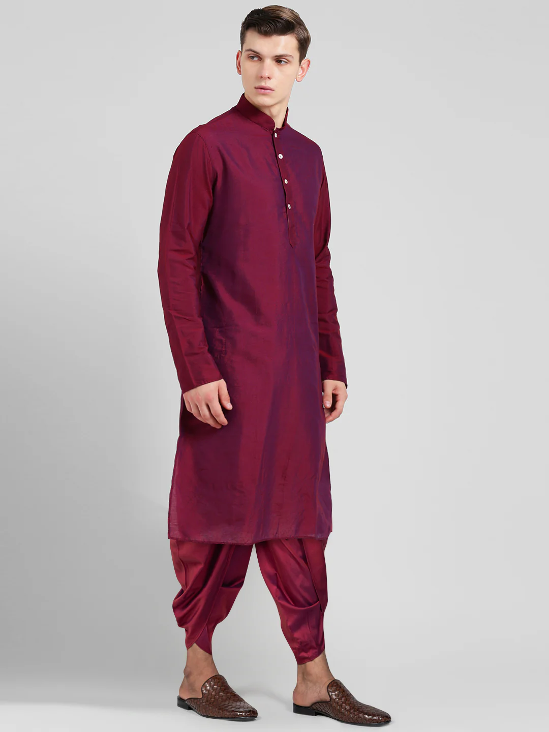 Maroon Cotton Silk Kurta Dhoti Set - Image 2