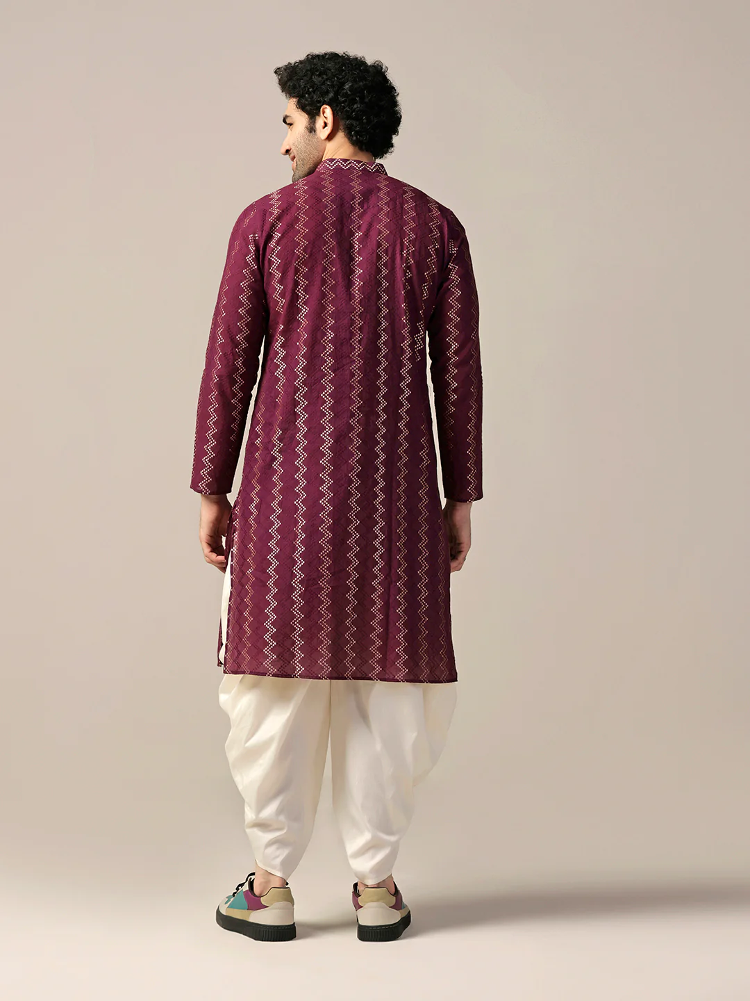 Men Magenta Kurta Dhoti Set - Image 4