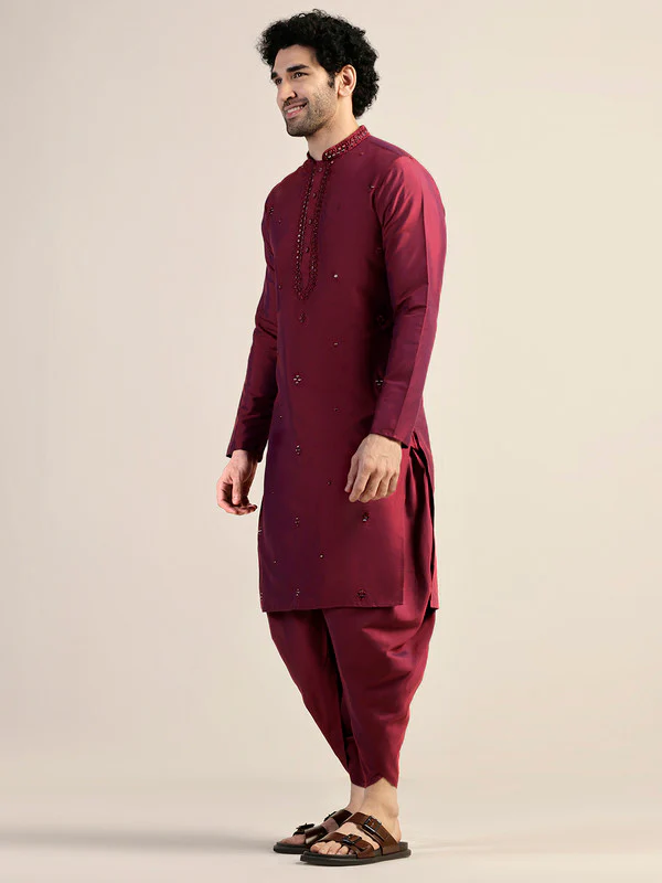Men Magenta Kurta Dhoti Set - Image 3