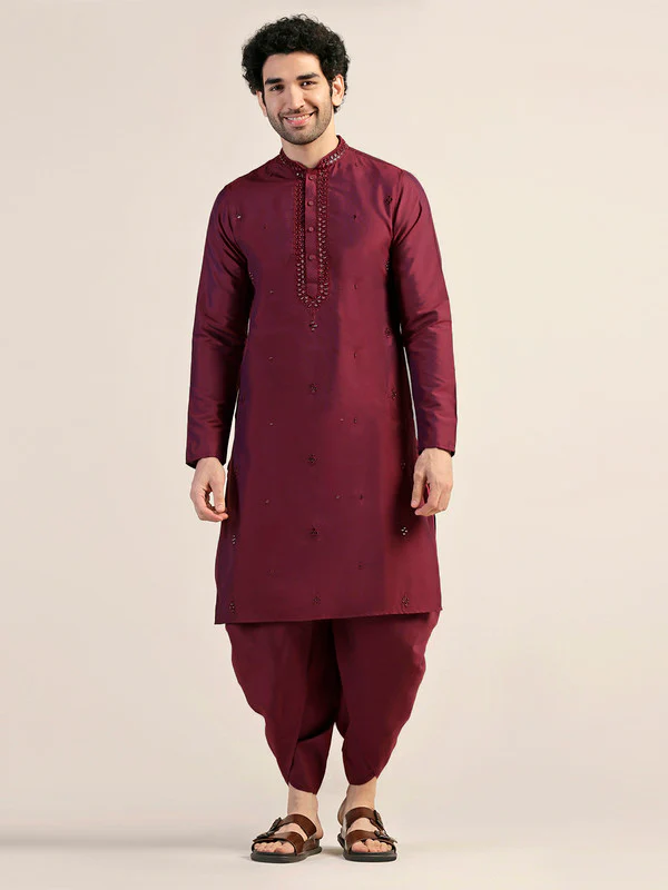 Men Magenta Kurta Dhoti Set - Image 7