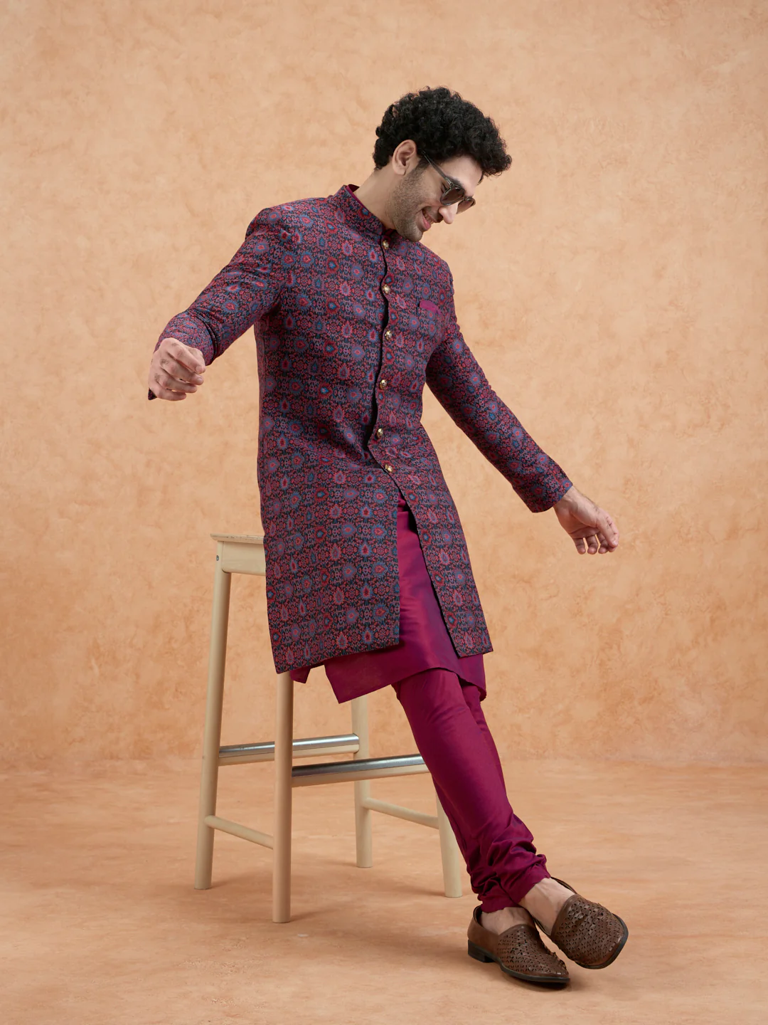 Men Magenta Kurta Sherwani Churidar Set