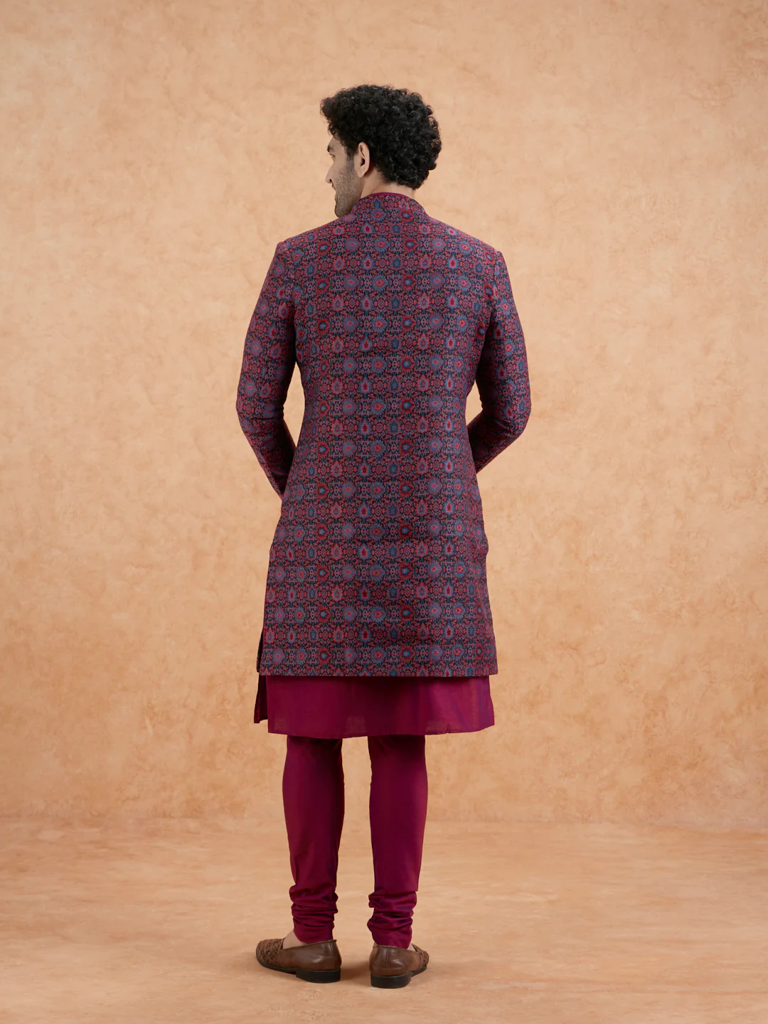 Men Magenta Kurta Sherwani Churidar Set - Image 5