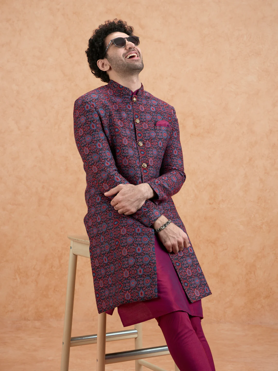 Men Magenta Kurta Sherwani Churidar Set - Image 9