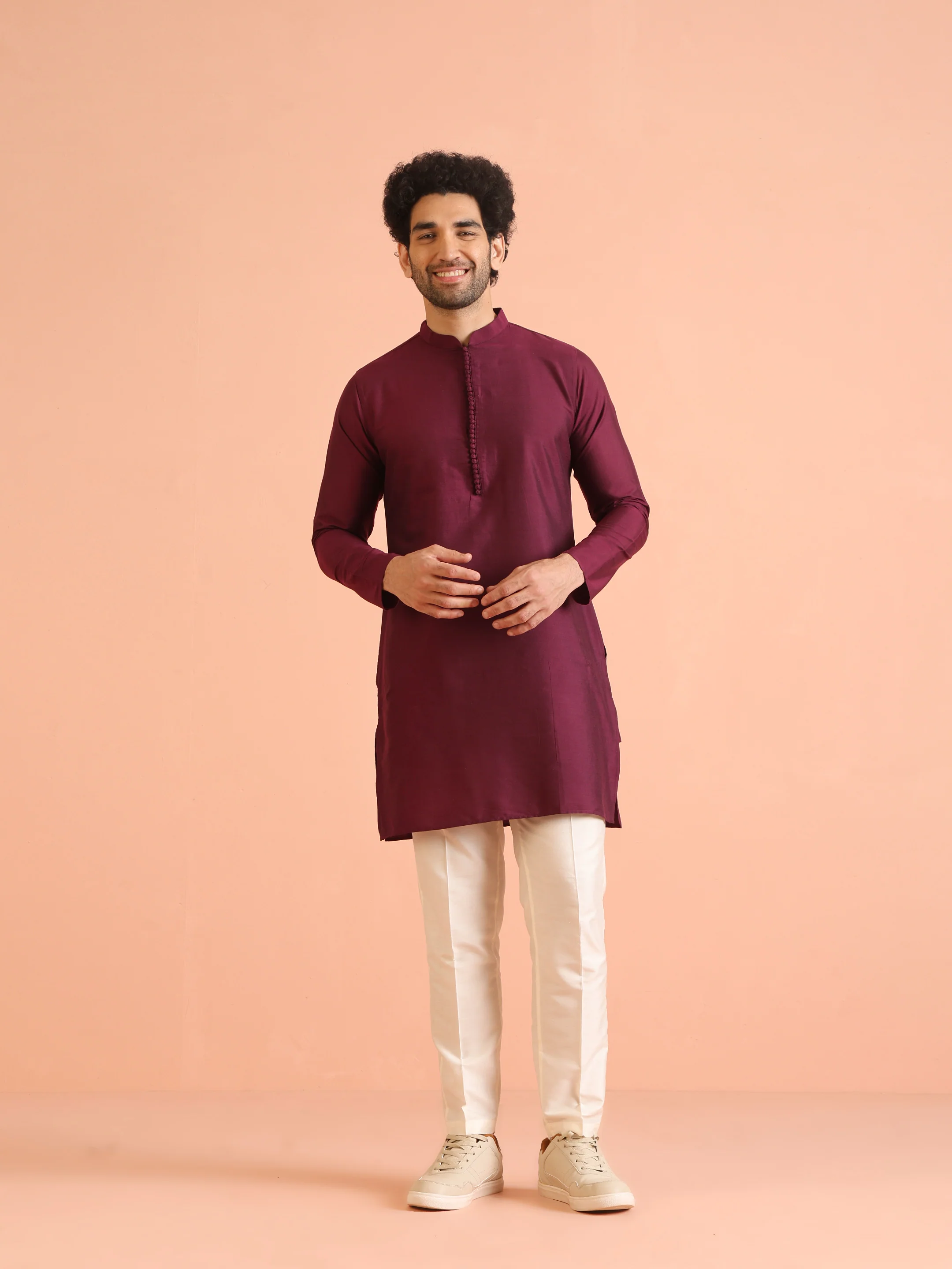 Maroon Solid Kurta Set with Cream Trouser Elegant Festive Ethnic Wear