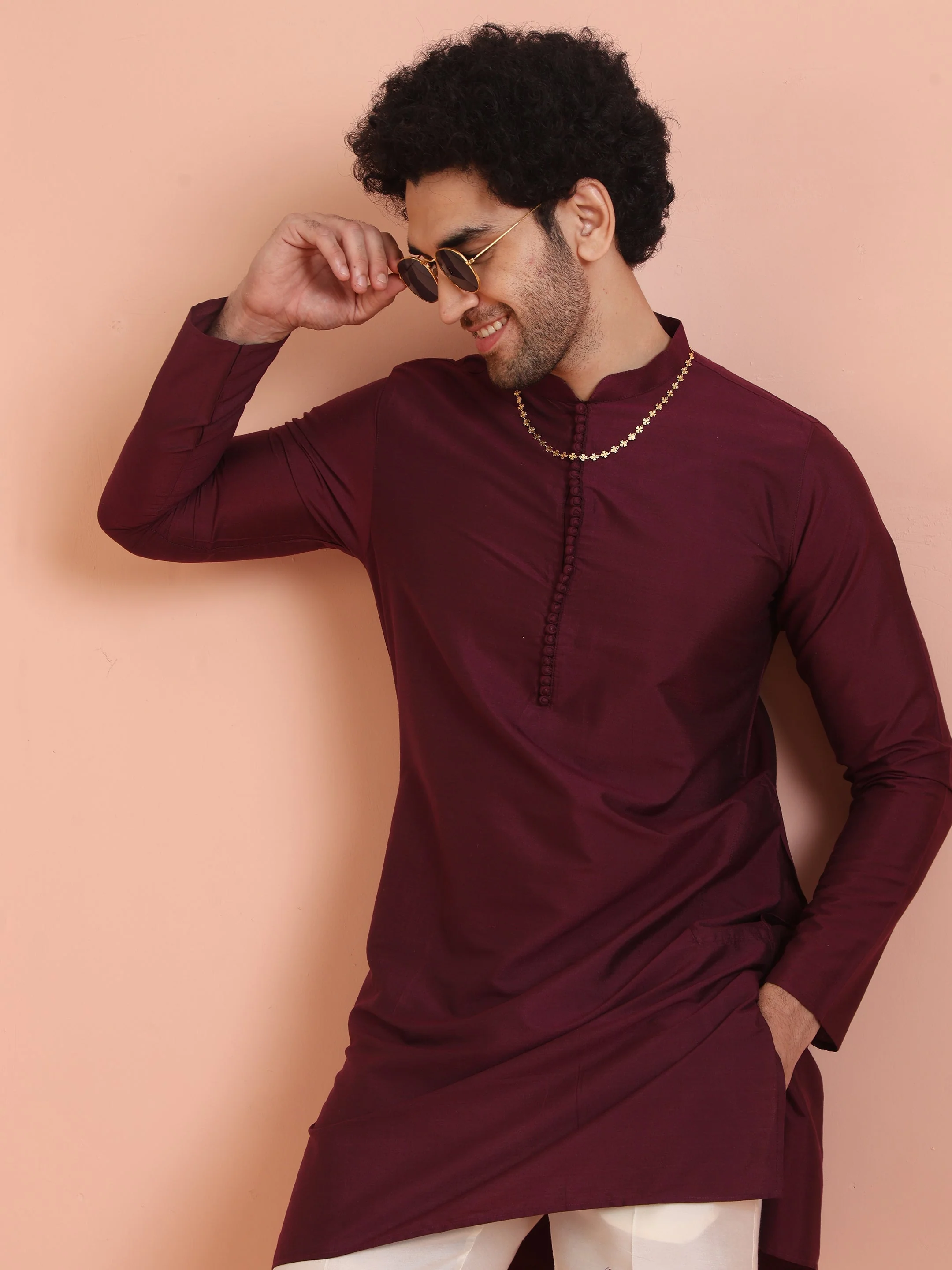 Maroon Solid Kurta Set with Cream Trouser Elegant Festive Ethnic Wear - Image 13