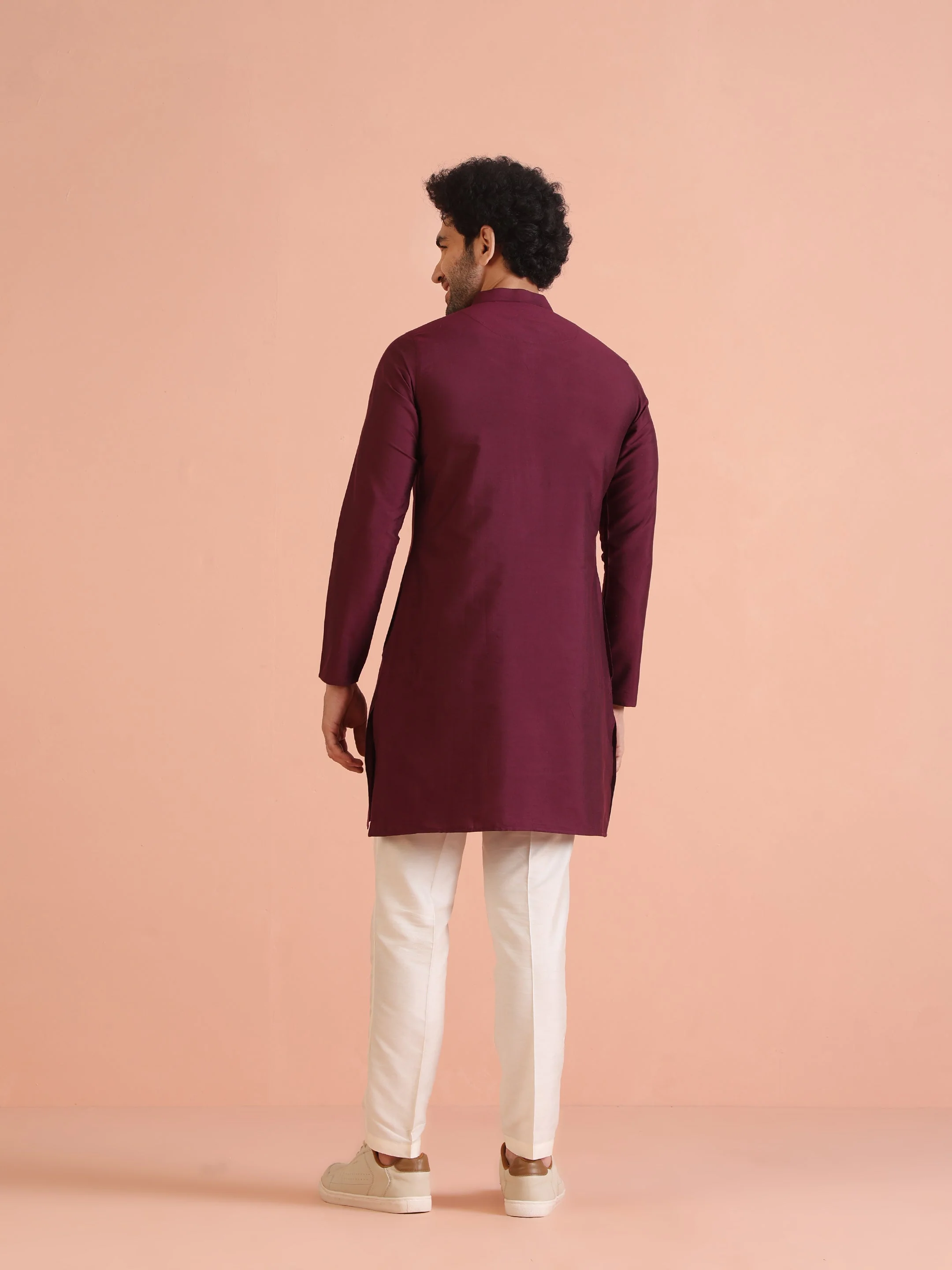 Maroon Solid Kurta Set with Cream Trouser Elegant Festive Ethnic Wear - Image 16