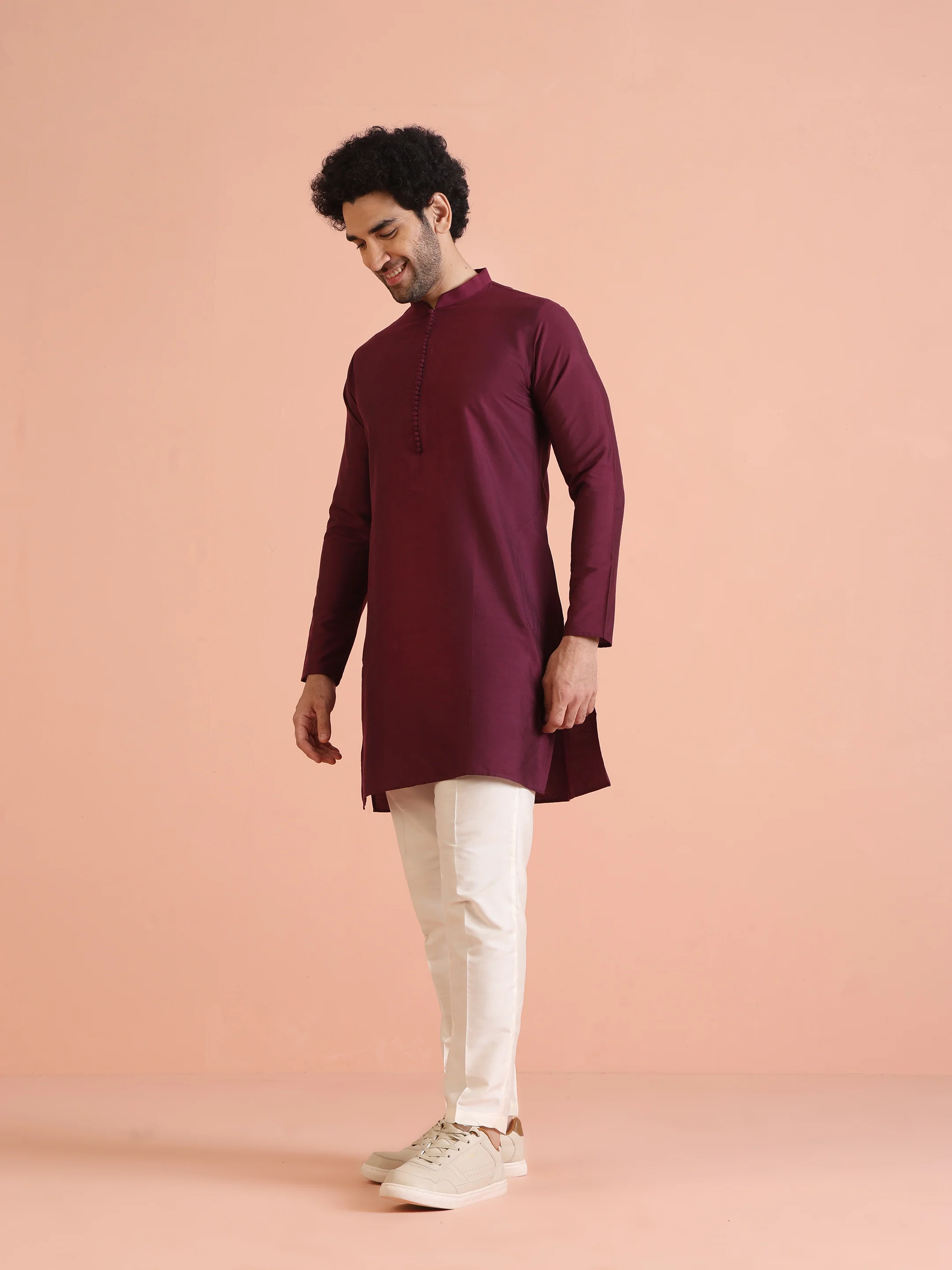 Maroon Solid Kurta Set with Cream Trouser Elegant Festive Ethnic Wear - Image 4