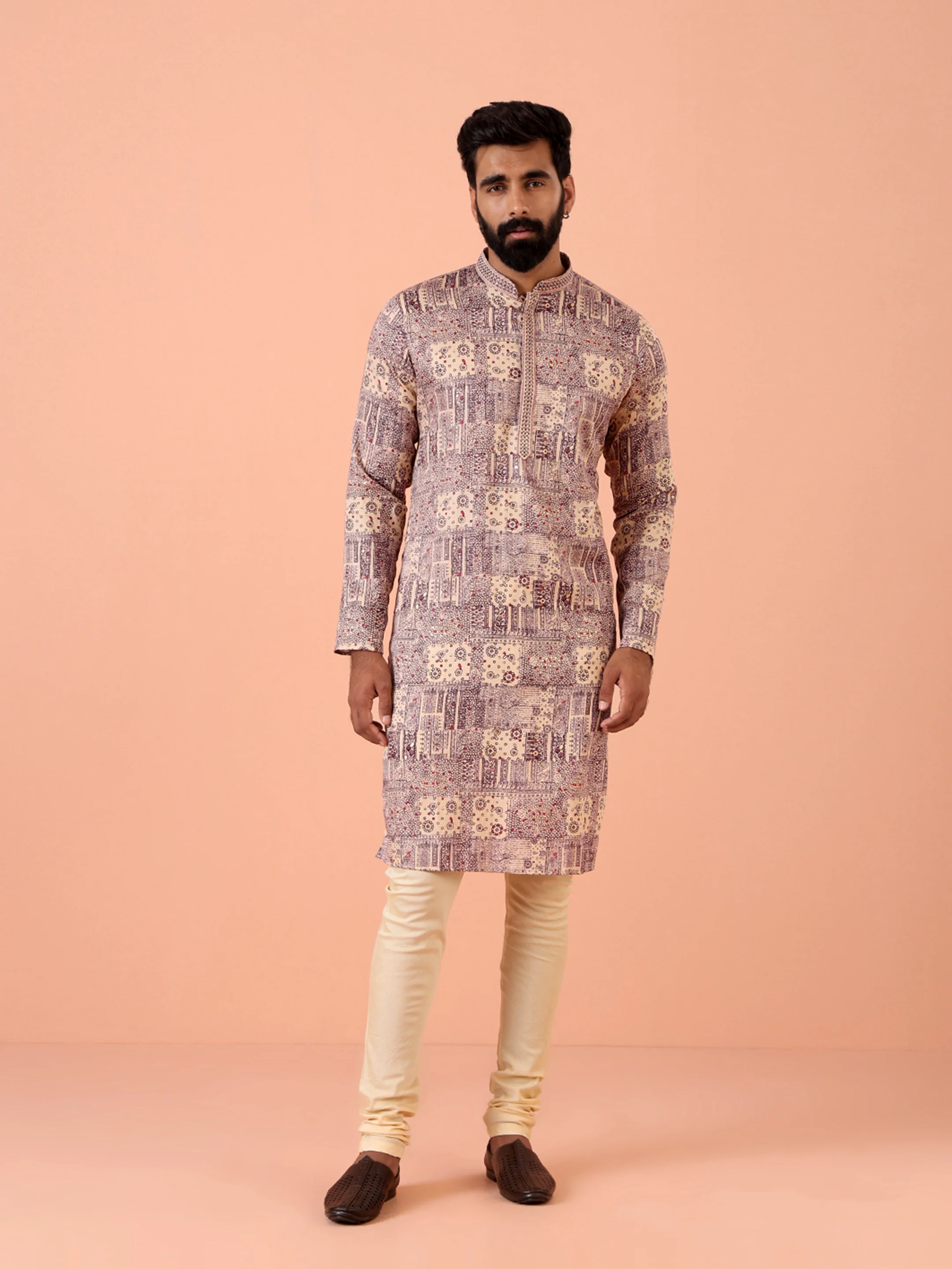 Men Magenta Printed Kurta Churidar Set