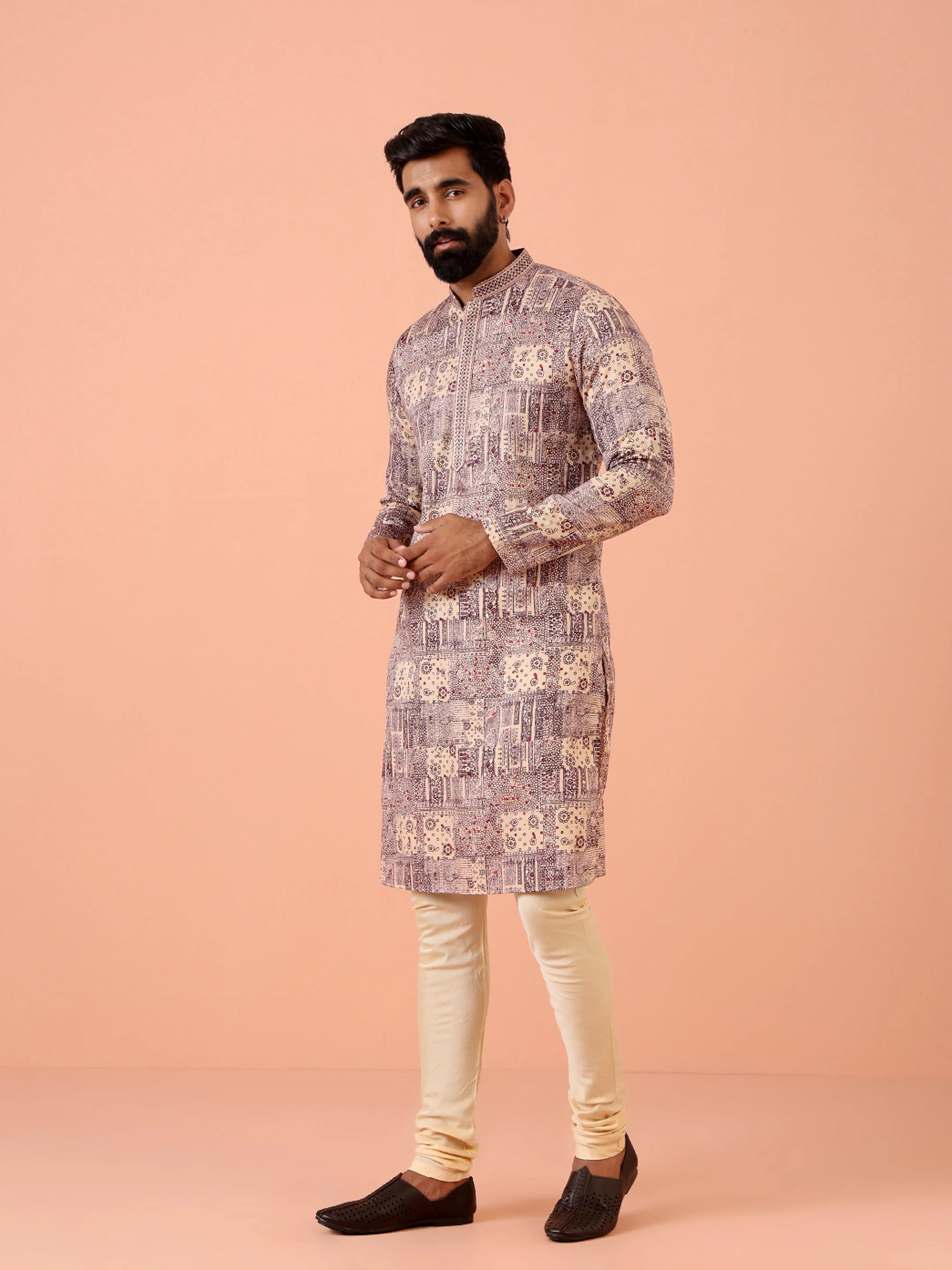 Men Magenta Printed Kurta Churidar Set - Image 2