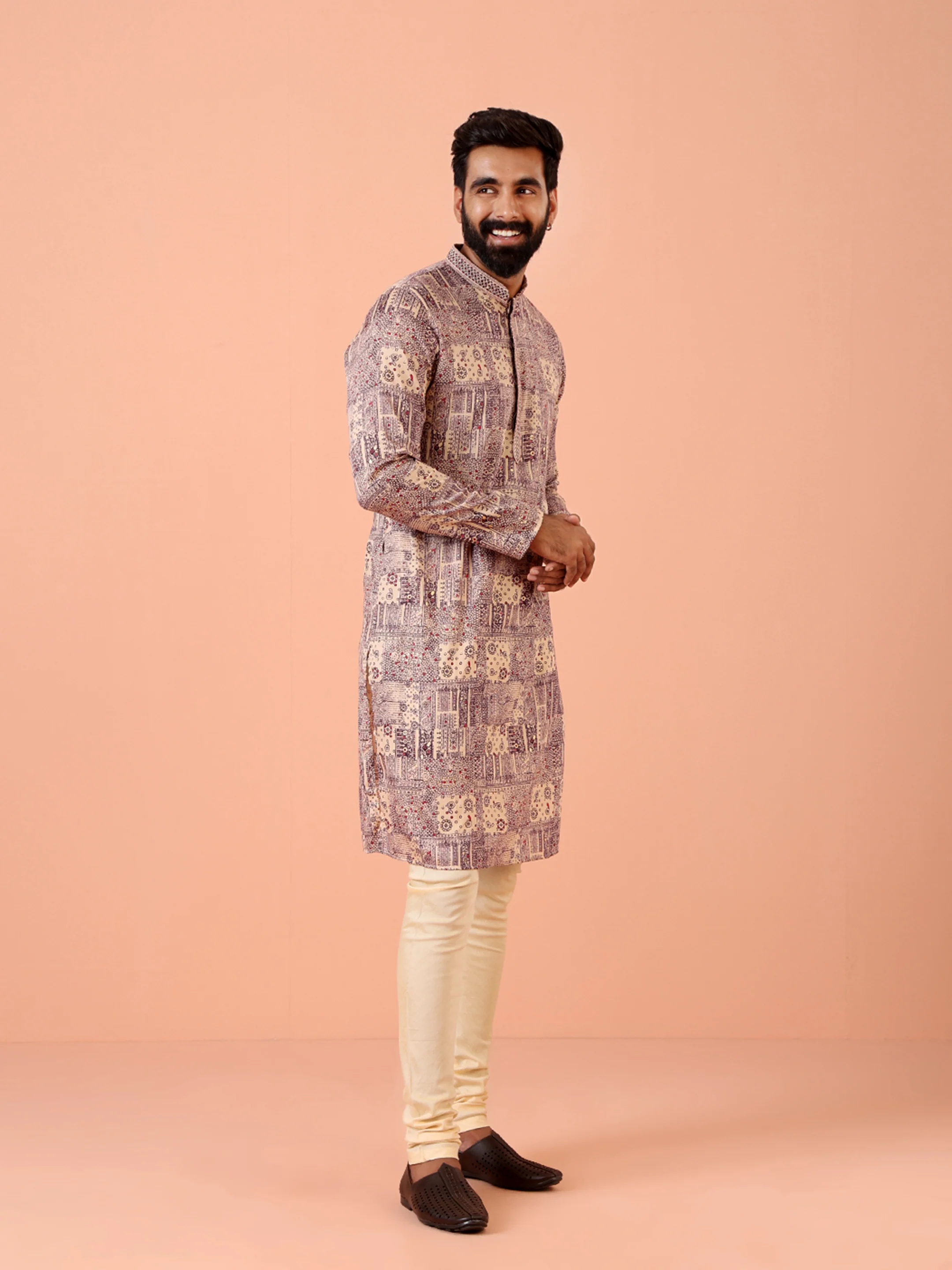 Men Magenta Printed Kurta Churidar Set - Image 3