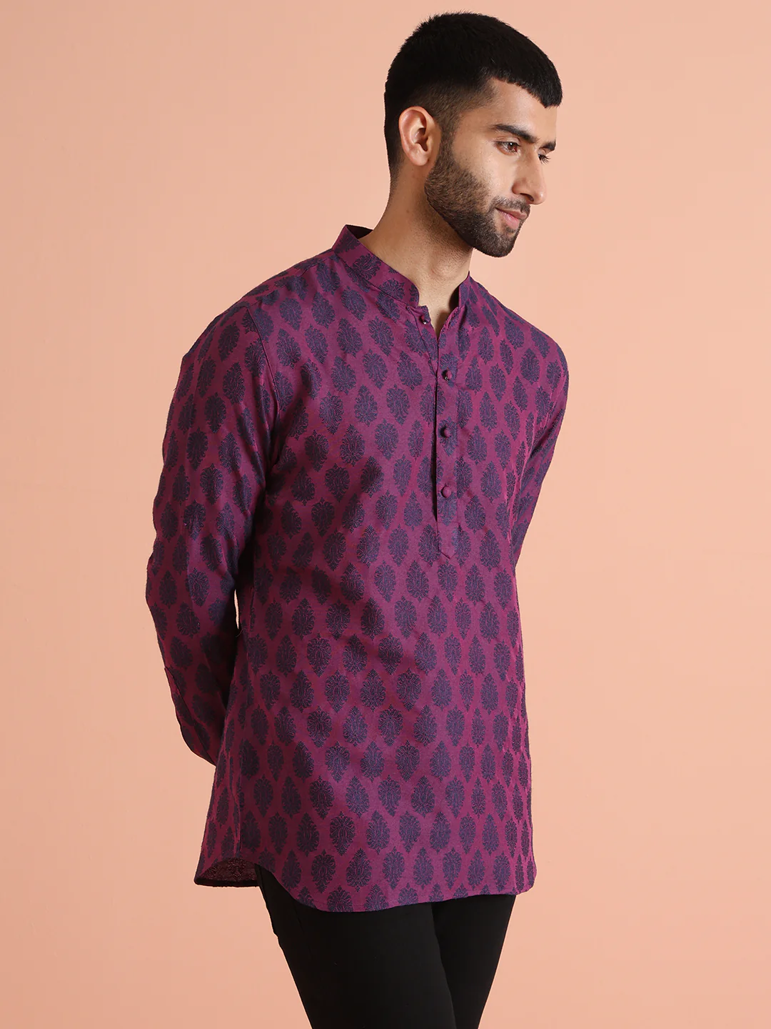 Maroon Silk Blend Printed Short Kurta - Image 3