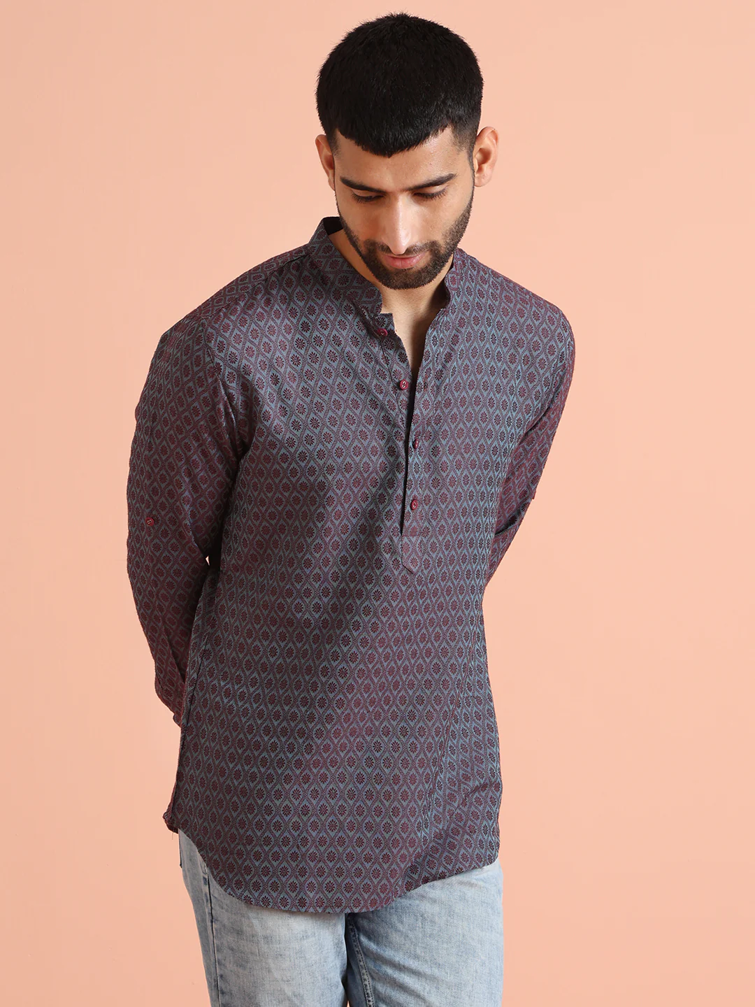 Maroon Blue Printed Short Kurta - Image 2