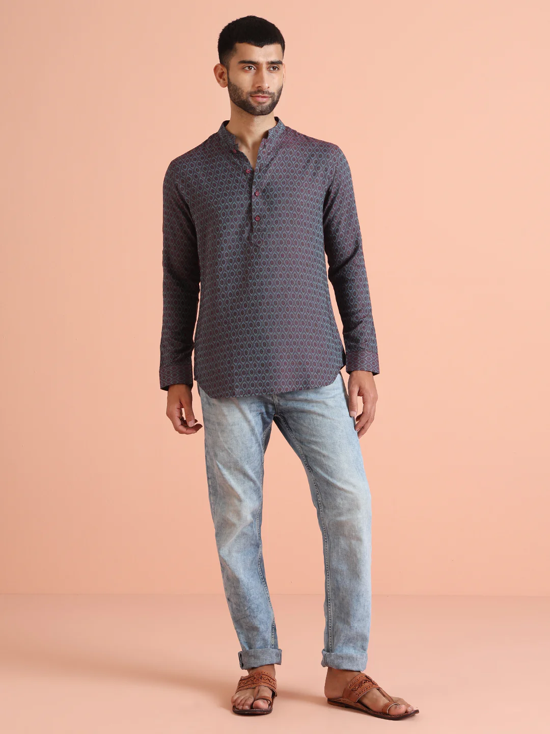 Maroon Blue Printed Short Kurta - Image 6