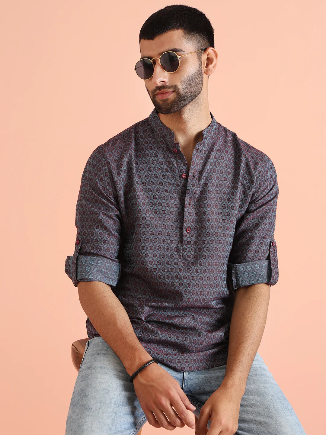 Maroon Blue Printed Short Kurta - Image 7